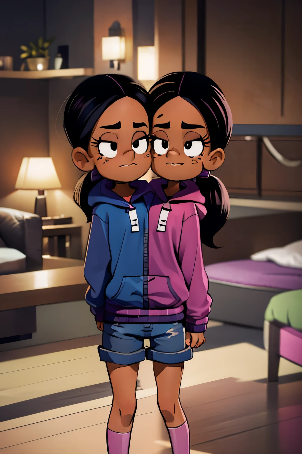 Ronnie Anne as a two headed girl, 2heads, two headed girl, hoodie, shorts, black eyes, ponytail, tanned skin, 2heads, Ronnie Anne with 2heads in one torso, two heads in one torso, one torso with two heads in with their own neck, two heads instead of one in one body, two girls sharing body, two heads sharing one body, allow changes in anatomical structure to allow a body to have two heads