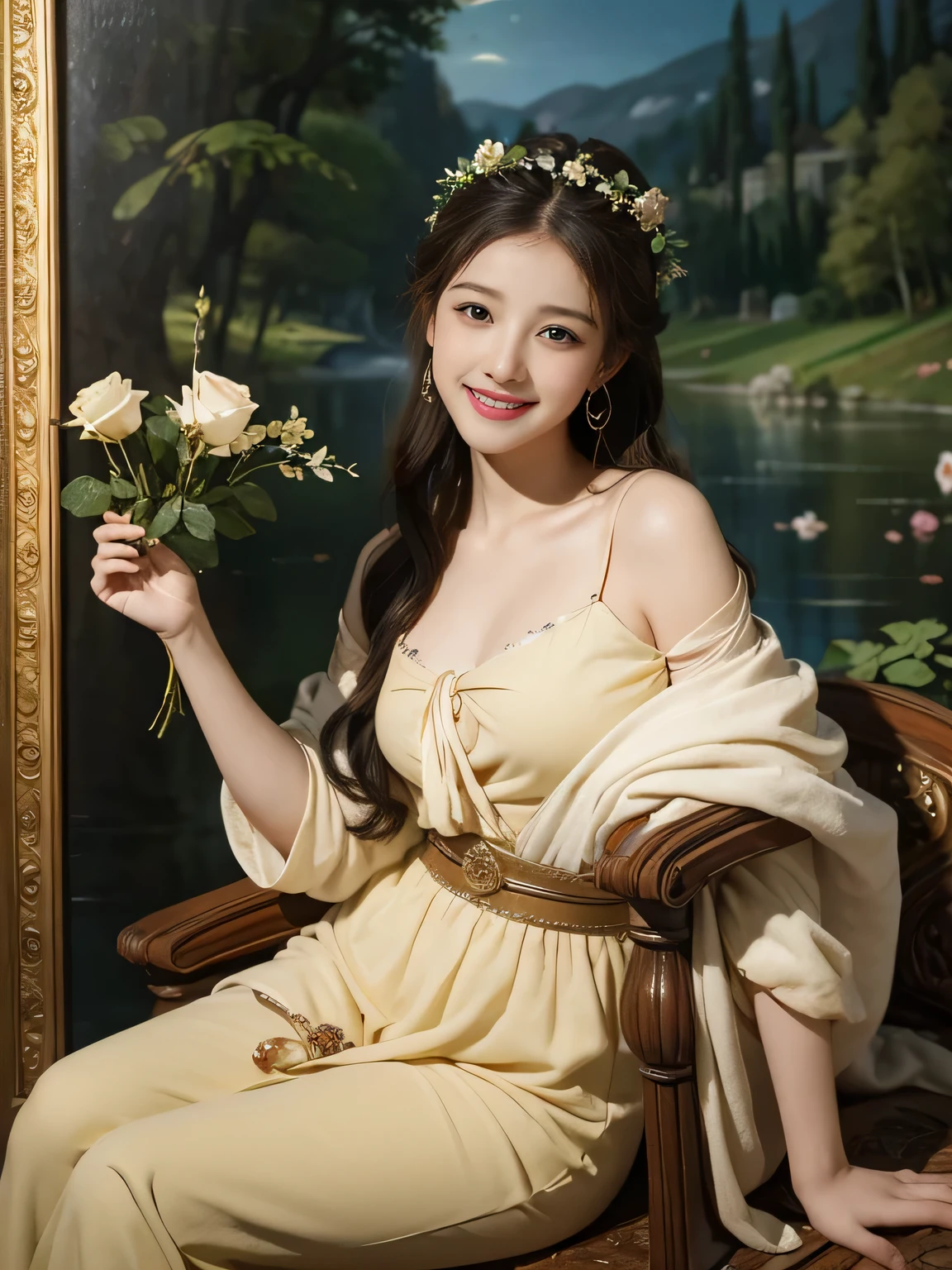 Giorgione painting style,Arguments of two female P、roses in vase、fruits、Cute trinkets、smile、ancient greek costume、Background is a forest lake at night ,A big smile