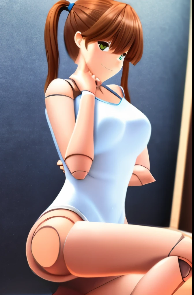 Completely naked, leaning over, no clothes, masterpiece, very short pigtails,brown hair, Hair tie with two big red clothespins, mature, Female robot, android, joint seam, blue eyes, full body figure, Height: 160cm, flushed cheeks, 2020s anime picture, ball joint, missionary angle, joy, A big smile, jump　A beautiful robot with short brown hair in two short pigtails held up by two large red clothespins.　25 years old　2020s anime picture　blue eyes　Uplifting, No NSFW, whole body, spread legs, barefoot