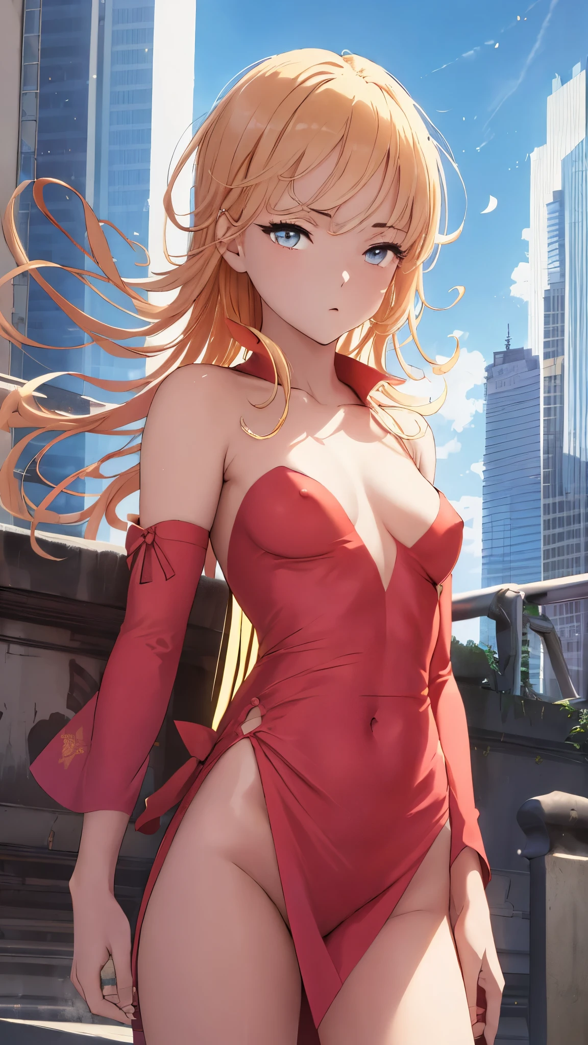 (best quality,4k,8k,highres,masterpiece:1.2),sexy and enchanting Tatsuki from the anime One Punch Man, wearing her tight-fitting dress (no panties). Small breasts. Model-like figure. Appears to be 17-19 years old. Floating in the air against the backdrop of skyscrapers. Nsfw.