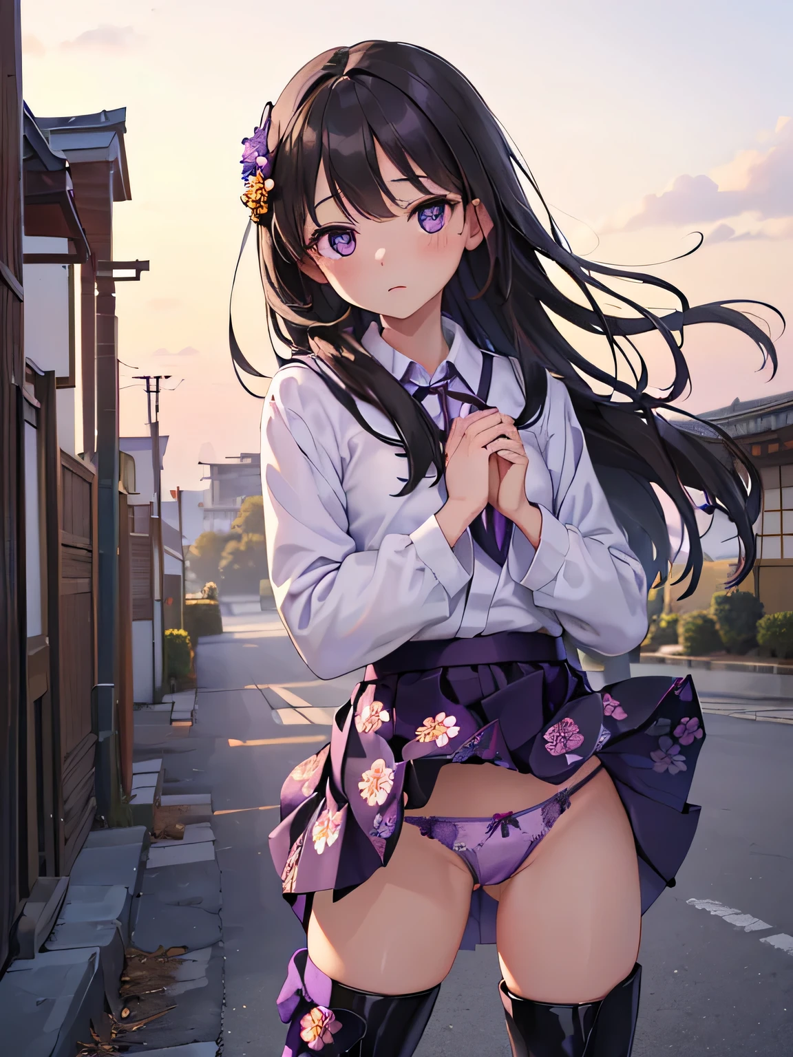 (masterpiece, highest quality, High resolution, realistic pictures, realistic skin:1.1), 
(wearing a long-sleeved shirt with a collar:1.1), 
1 Japanese girl, alone, beautiful eyes, shining eyes, embarrassed look, brown hair, medium long hair, university student, filming location park,
(She is wearing a black floral miniskirt: 1.5),
(Wearing plain black long boots: 1.5), 
(Wearing a skirt fluttering in the wind: 1.5), 
(slightly exposed pants: 1.5), 
(Are standing: 1.5),
(Hand holding down skirt:1.5), (Are standing:1.5),
(simple purple satin panties:1.5), 
(Not a Japanese pattern:1.5), 
NSFW