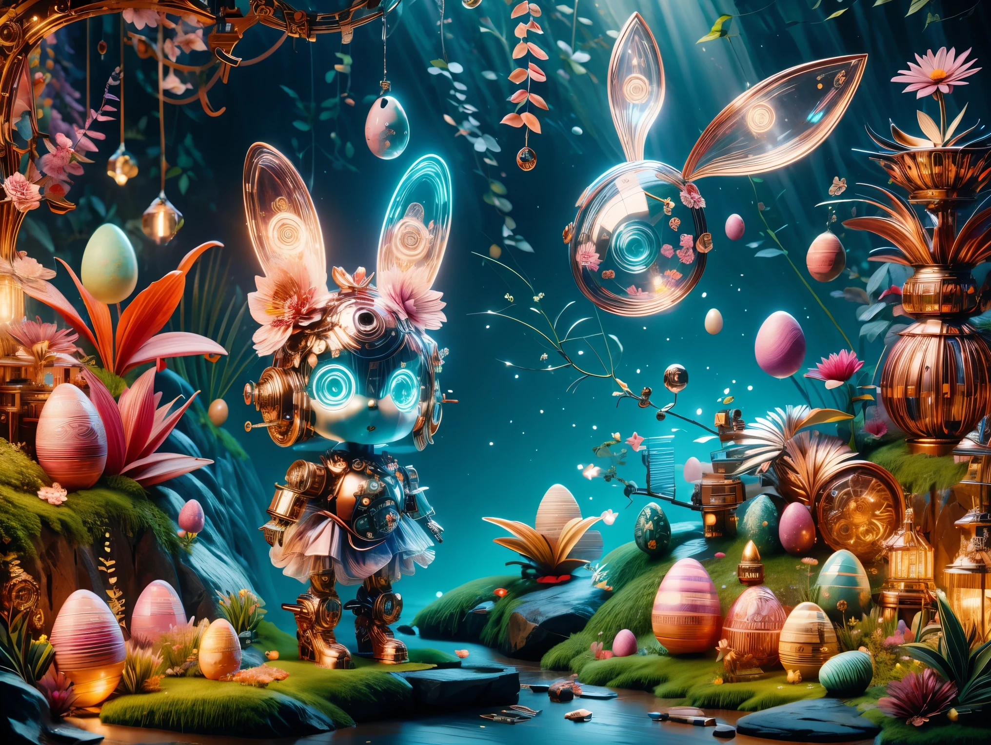 1 cute girl,Its body is made of fine metal parts。Eyes are like two shining gems,Transparent glow,Under the illumination of neon lights,Create a sparkling effect together with high-precision mechanical components。Surrounded by exotic plants and Easter eggs,Create a mysterious and fantasy atmosphere。The scene combines traditional themes with futuristic steampunk style,Showcasing Girl's complex mechanical design and magical garden environment。