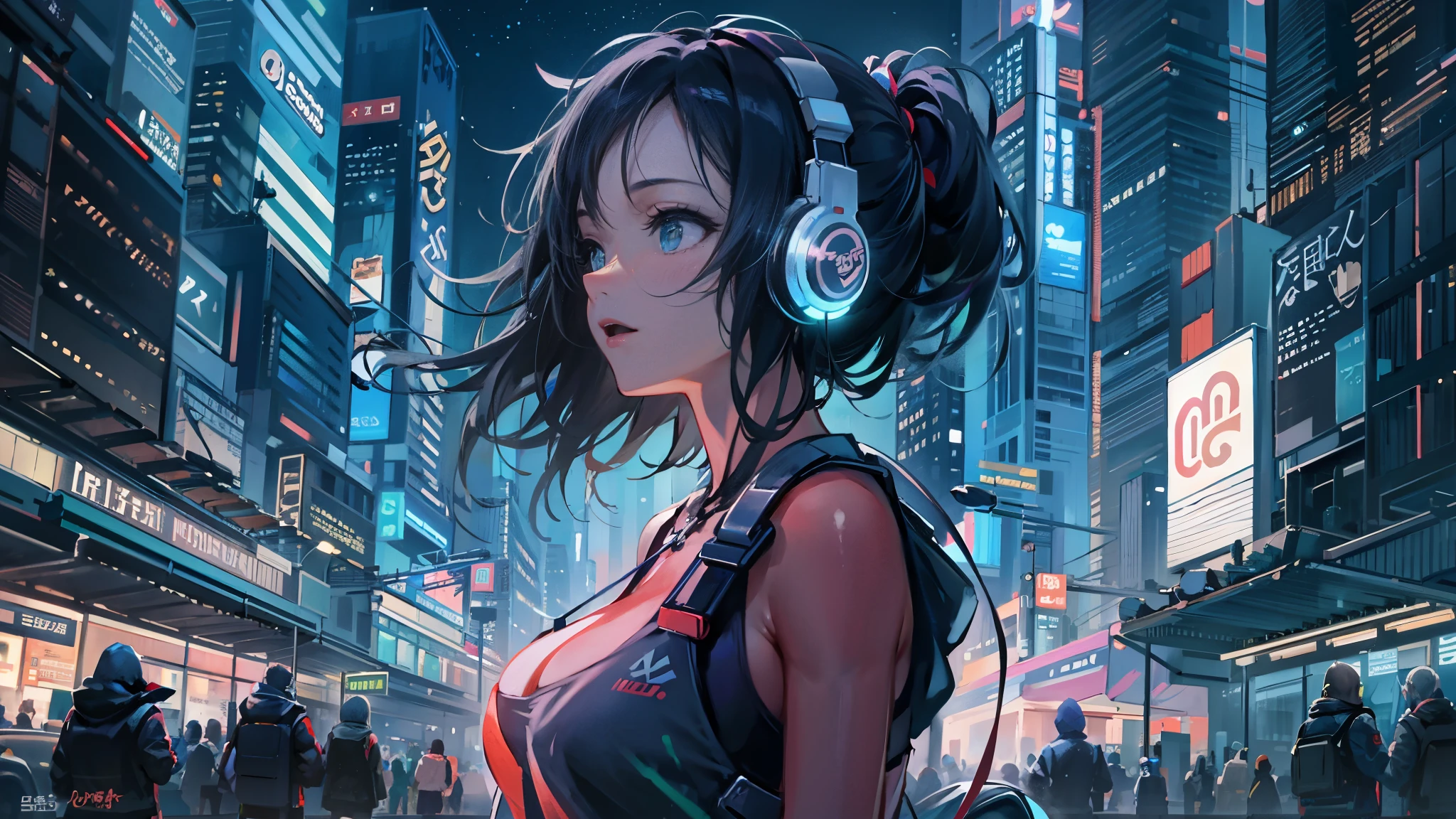 masterpiece,Anime-style illustration showing a young woman in her 20s wearing a futuristic plunging costume, facing right, Standing in the middle of the street in a cyberpunk nightlife district. she has pinkish black hair、wearing headphones. big breasts、She&#39;s still looking up at the starry sky, But her gaze and body are turned to the right side of the frame. The scene should be lively, Reflecting a cyberpunk aesthetic, Neon lights and futuristic buildings surround her. The hustle and bustle of the city continues, But she&#39;s at peace in the chaos, Immerse yourself in the sights and sounds of the night. In the image、The quiet sky above and the vibrant urban environment must be captured。, highlight her new direction.
