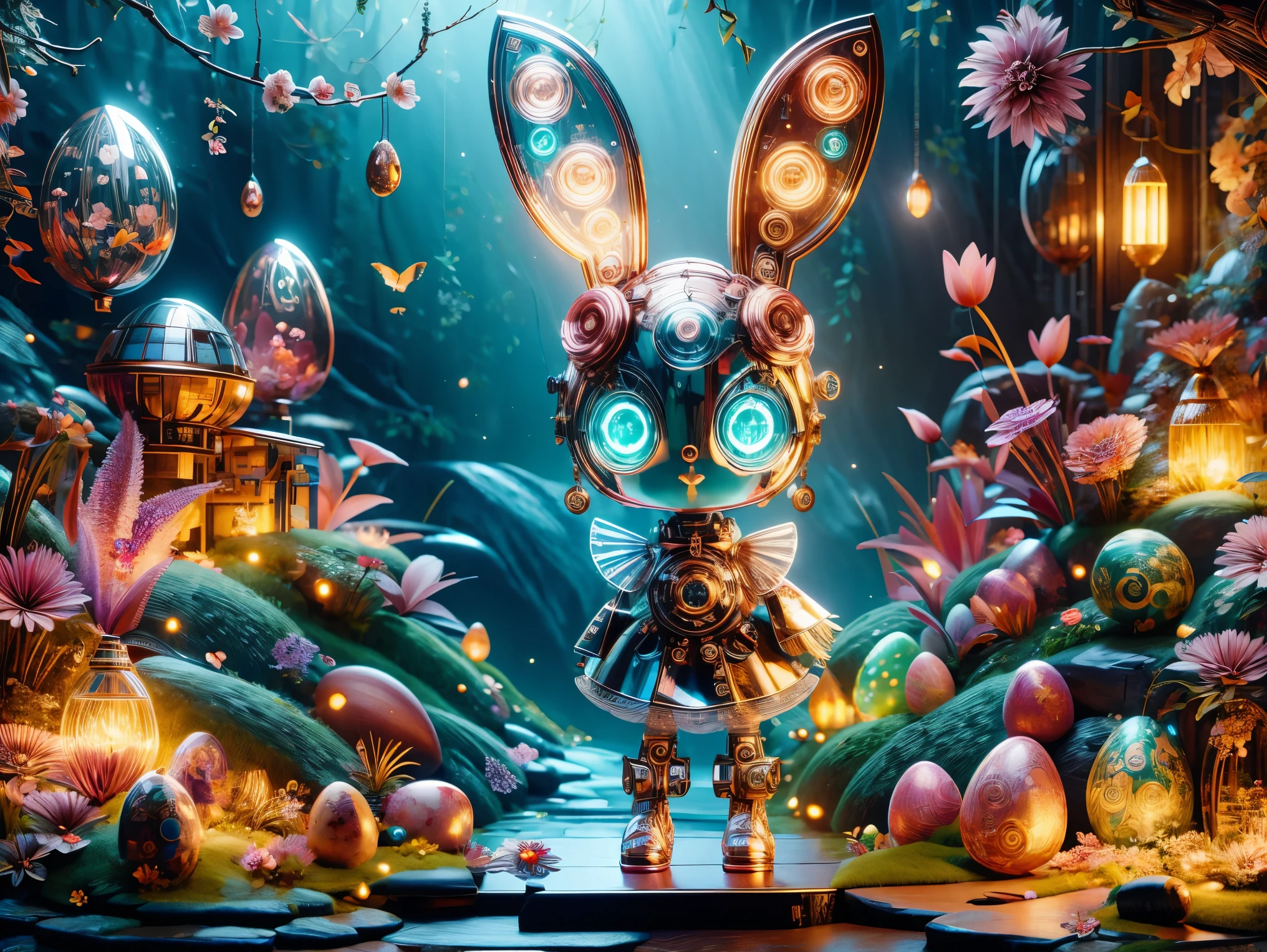 1 cute girl,Its body is made of fine metal parts。Eyes are like two shining gems,Transparent glow,Under the illumination of neon lights,Create a sparkling effect together with high-precision mechanical components。Surrounded by exotic plants and Easter eggs,Create a mysterious and fantasy atmosphere。The scene combines traditional themes with futuristic steampunk style,Showcasing Girl's complex mechanical design and magical garden environment。