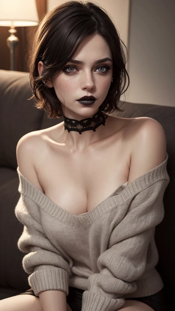 ((best quality: 1.5)) ((masterpiece: 0.8)), intricate details, sharp focus, professional, real life, realistic representation of the face, dynamic pose, in the style of realistic and hyper detailed renderings BREAK ((detailed middleaged woman, (((soft loose gray sweater, [black hair:purple hair:0.4], messy frizzy hair, ((([flat chest:medium breasts:0.8])))), lounging, couch, night, dim lighting, firelight, looking away, (((openlegs, pretty vagina, off shoulder, dark gothic makeup, black lipstick, frustrated)), iceblue eyes))), freckles: 0.6)), photorealistic, hyper-realistic, 8K