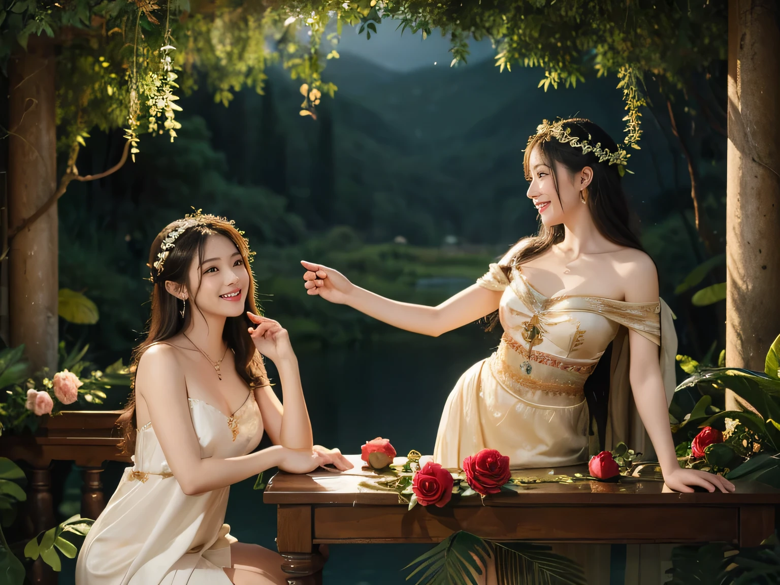 Giorgione painting style,Arguments of two female P、roses in vase、fruits、Cute trinkets、smile、ancient greek costume、Background is a forest lake at night ,A big smile、beautiful bare skin,Woman singing with sheet music