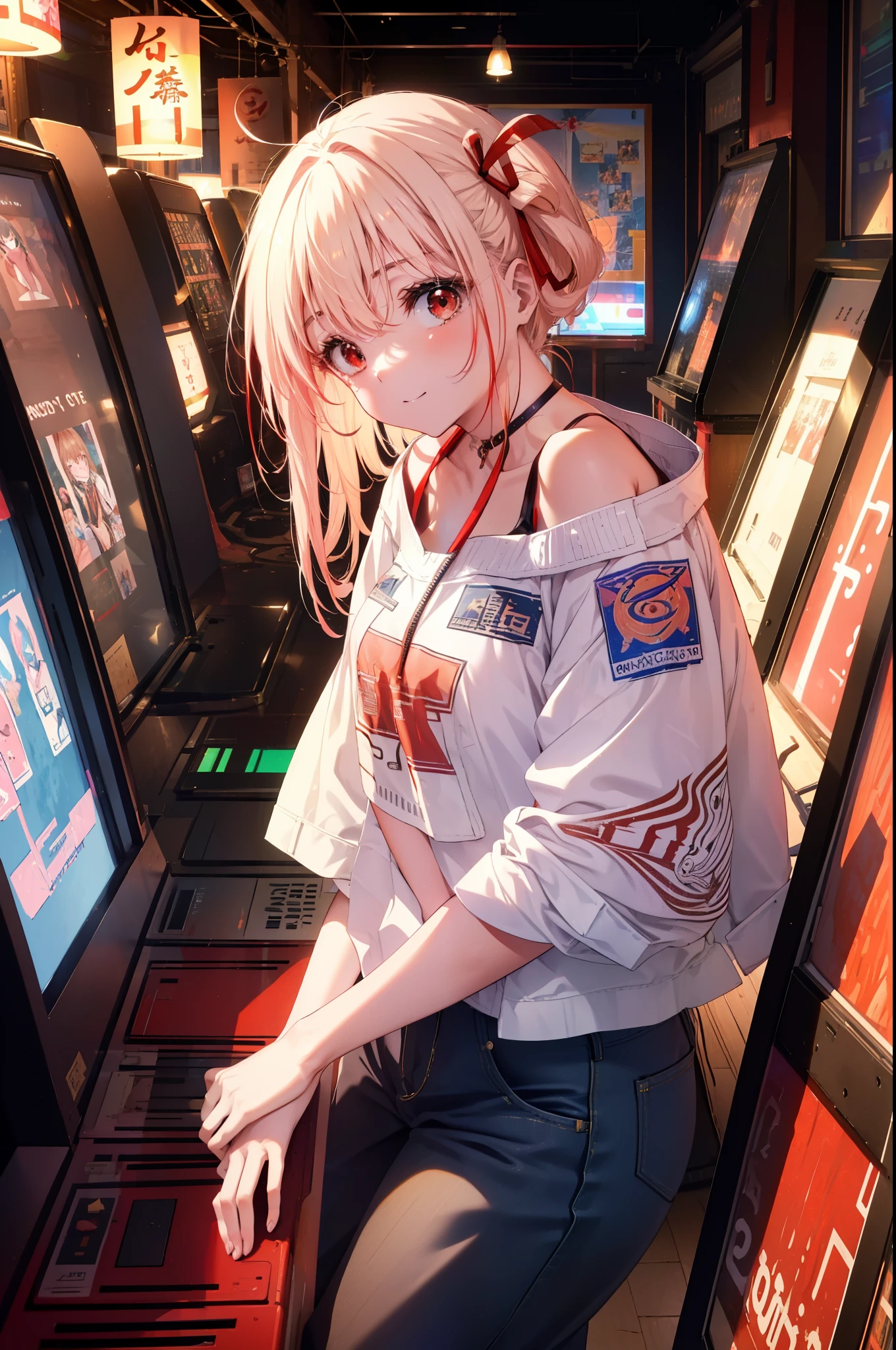 chisatonishikigi, nishikigi chisato, bangs, blonde hair, (red eyes:1.5), hair ribbon, one side up, smile,long hair,hair tied back,,off shoulder dress,short denim pants,short boots,smile,sitting Chair, game_center, scenery, arcade cabinet, Chair, poster (object), indoor ,s4g4m1,
break indoors, gameセンター,
break looking at viewer, (cowboy shot:1.5),
break (masterpiece:1.2), highest quality, High resolution, unity 8k wallpaper, (figure:0.8), (detailed and beautiful eyes:1.6), highly detailed face, perfect lighting, Very detailed CG, (perfect hands, perfect anatomy),