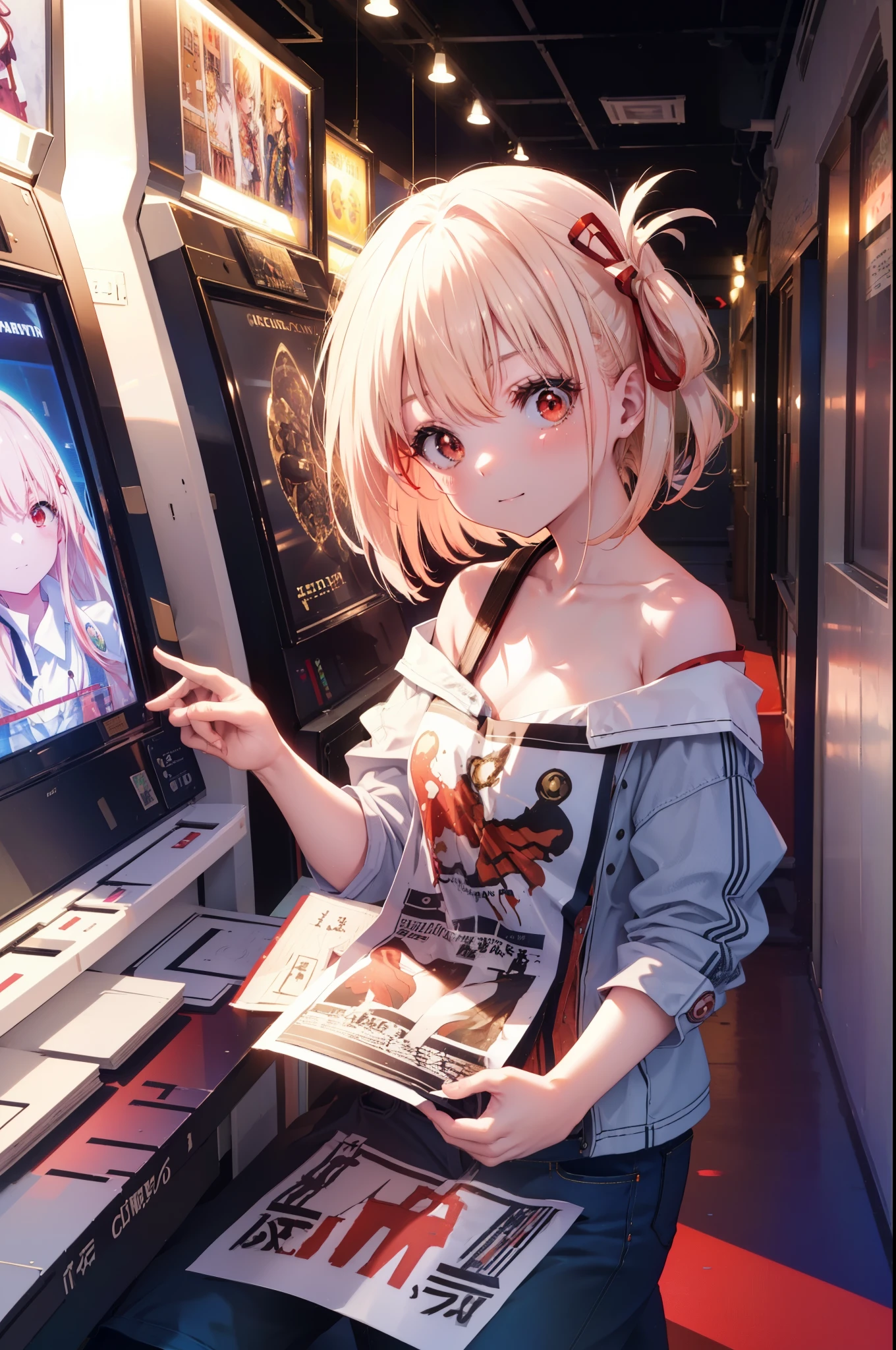 chisatonishikigi, nishikigi chisato,  bangs, blonde hair, (red eyes:1.5), hair ribbon, one side up, smile,long hair,hair tied back,,off shoulder dress,short denim pants,short boots,smile,sitting Chair, game_center, scenery, arcade cabinet, Chair, poster (object), indoor ,s4g4m1,
break indoors, gameセンター,
break looking at viewer, (cowboy shot:1.5),
break (masterpiece:1.2), highest quality, High resolution, unity 8k wallpaper, (figure:0.8), (detailed and beautiful eyes:1.6), highly detailed face, perfect lighting, Very detailed CG, (perfect hands, perfect anatomy),