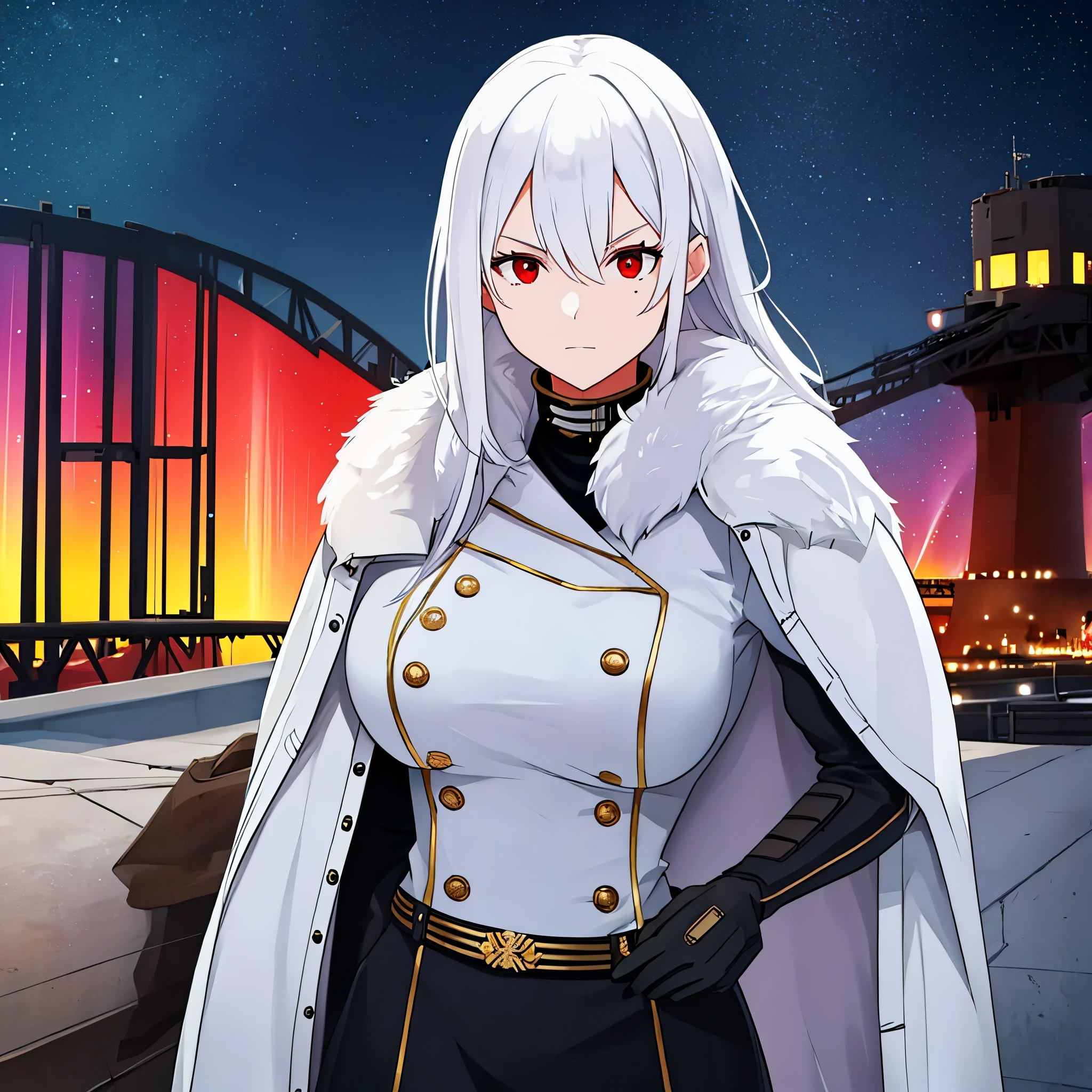 A woman wearing a military boat uniform, in the city of Moscow with the Northern Lights in the night sky, white hair and red eyes.
