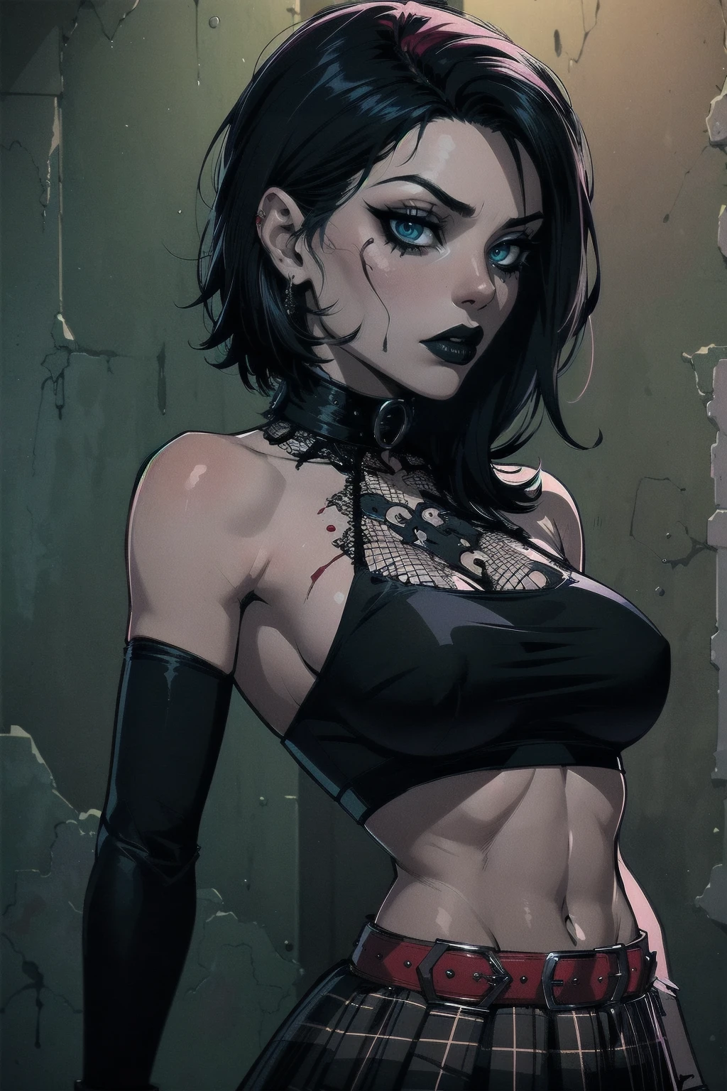 a woman with short black hair, hair on shoulders, wearing a black cropped and plaid skirt, blue eyes, zombie art, gothic art, cute aesthetic with vibe, toon aesthetic, wearing red costume, wearing gothic accessories, look like Cassie Hack, upper body, zombie background, backwards, looking back