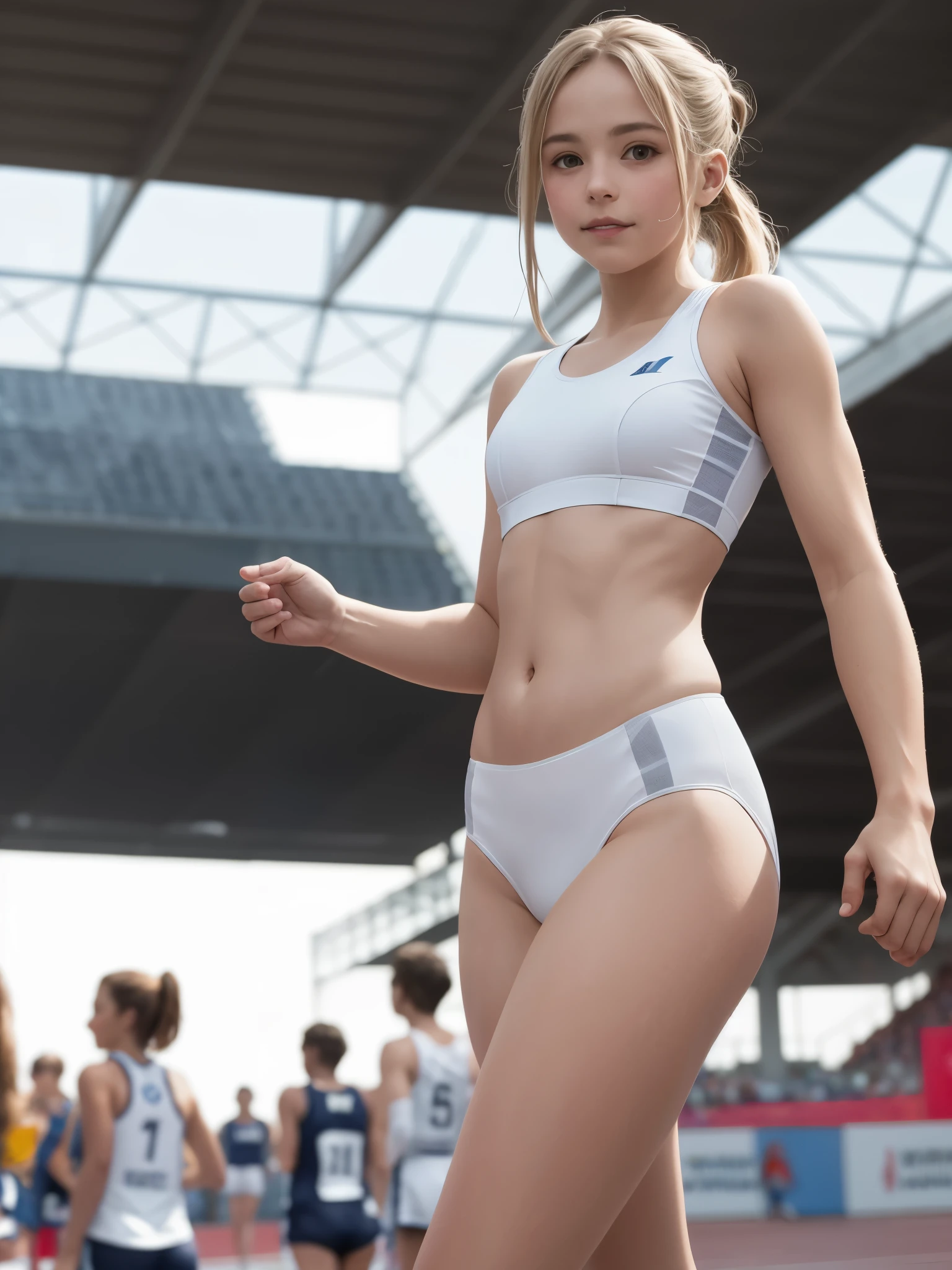 whole body、1 person、Inside a huge athletics stadium、track and field athlete、junior olympian、RAW photo, ((extreme beauty portrait))), (radiant white skin)), 1 girl, whole body、ノルウェーの のかなり美しい少女, very realistic face、detailed face、(shiny bright natural blonde hair)), [very beautiful blue eyes], silky thin hair, shoulder-length short hair、straight hair,ponytail、 eyeliner, bangs, hair between eyes, fluttering hair, blue eyes、short height、140cm、 body type、((masterpiece, 最high quality, Super detailed, film light, intricate details, High resolution , 8k, very detailed)), detailed background, 8k UHD, Digital single-lens reflex camera, soft light, high quality, film grain, Fujifilm XT3, Natural light, (perfect hands), perfect beautiful face, 1 person、elementary school girl,((7 years old、track and field athlete、junior olympian、 and slim body type、ponytail,translucent white skin、very white skin、low contrast、cinematic light、とてもsoft light, ((david hamilton style)), cloudy sky、Inside a huge athletics stadium,near the starting line、スタートラインに向かってwalking、(looking far away:1.3),(walking:1.3),whole body、very small breasts、flat chest、small and round butt、translucent white skin、very white skin、white small tight sports bra、exposed shoulders、Exposing the belly showing the abdominal muscles、Small, white, high-leg, tight bloomers、emphasized nipples、emphasized camel toe、My butt is sticking out of my thong bloomers.、1 person、whole body、Nervous face just before the race、smile a little、Race preparation pose、calm pose、stable angle、whole body、Realistic and anatomically correct body、from the front、from a little below、