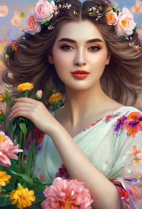 a woman with flowers in her hair posing for a picture, with flowers, beautiful digital artwork, beautiful gorgeous digital art, ...