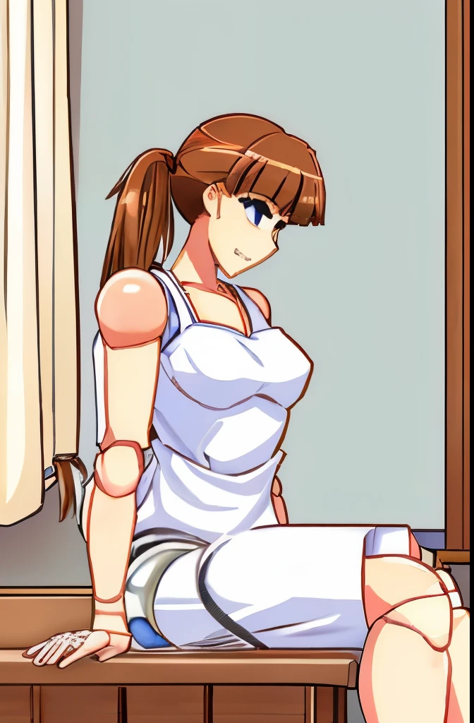 A Female robot wears white plain dress. She is laughing happily in bed room, spread legs, nude, banzai pose, Brown short hair is tied with two big red clothespins, She lifts up the under hem of her white plain dress, leaning over, masterpiece, very short pigtails,brown hair, mature, android, blue eyes, full body figure, Height: 160cm, flushed cheeks, 2020s anime picture, she is loved in missionary angle, A beautiful robot with short brown hair in two short pigtails held up by two very large huge red clothespins, Uplifting, No NSFW, whole body, barefoot, archaic smile, getting orgasm, 25 years old, sweat bucket, She is half sitting posture or crouching position.