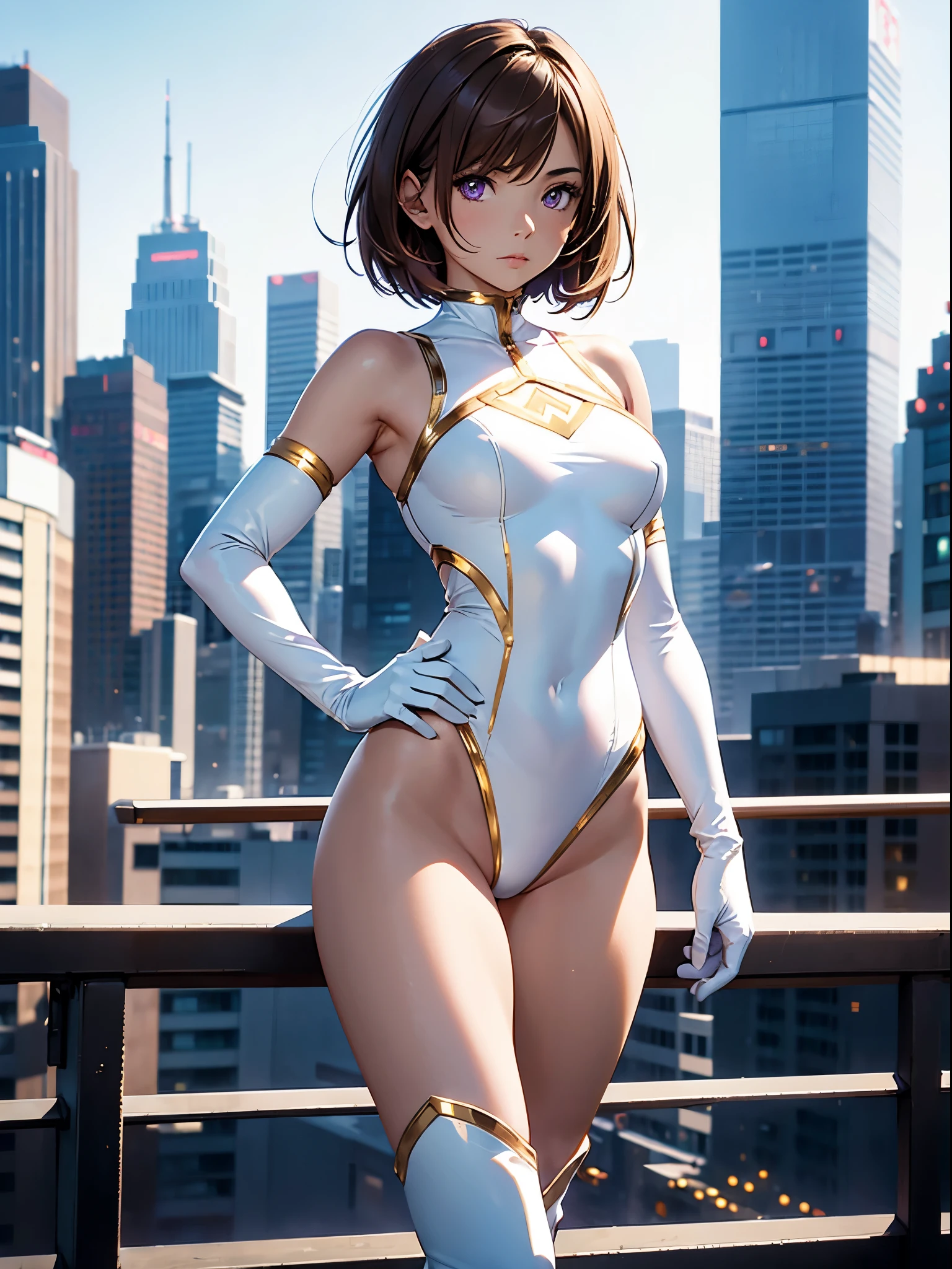 1girl, medium breasts, leotard, white and red leotard, bare legs, tight belt, gold belt, boots, matching boots, ankle boots, white boots, gloves, white glove, city backdrop, tokyo city backdrop, solo, single, hands on hip, standing, full body shot, cowboy shot, superhero, beautiful detailed eyes, mature lady, gold star symbol on chest, brown hair, short hair, bob hair, purple eyes, sleeveless, perfect anatomy, masterpiece