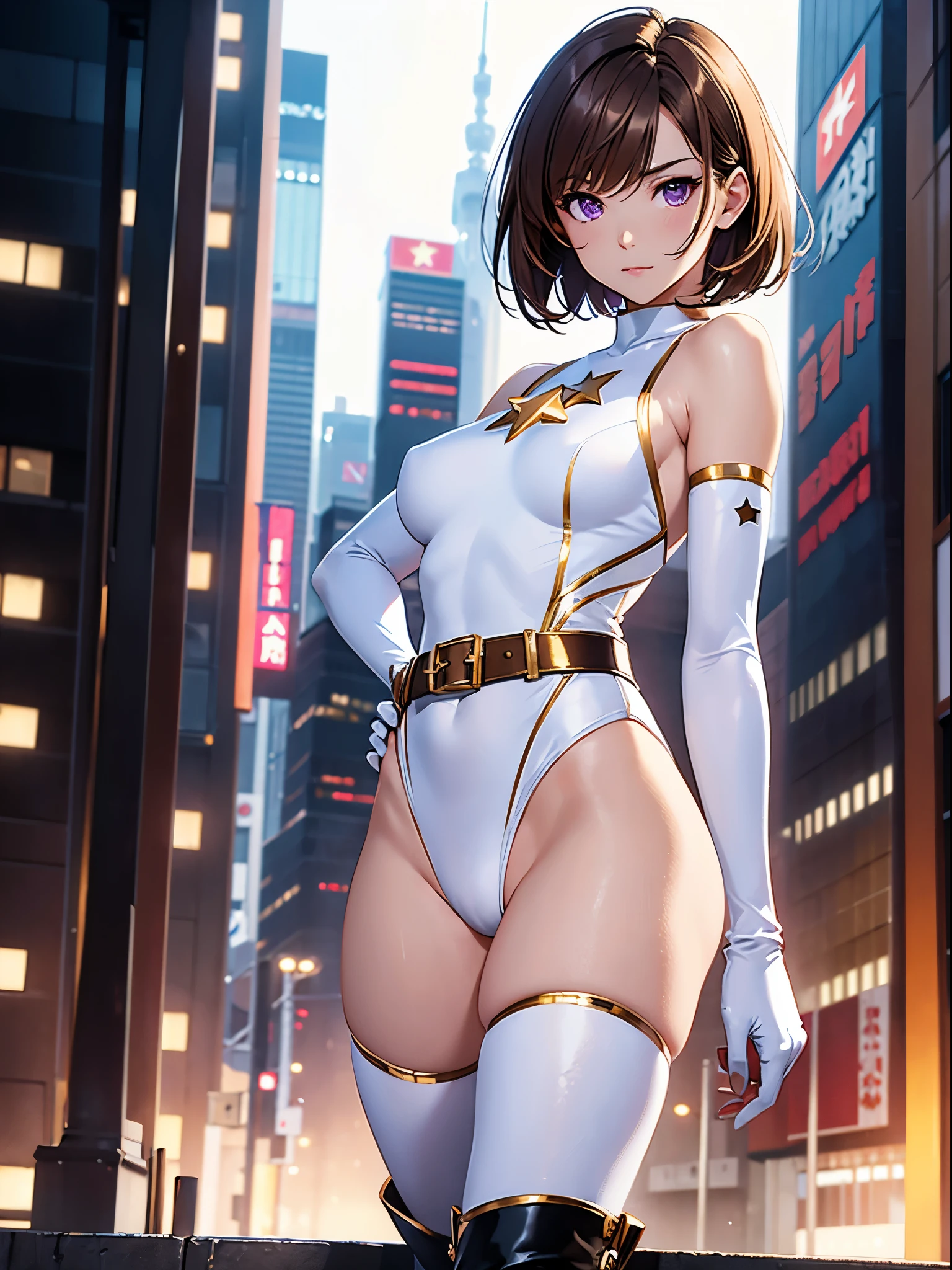 1girl, medium , leotard, white and red leotard, bare legs, tight belt, gold belt, boots, matching boots, ankle boots, white boots, gloves, white glove, city backdrop, tokyo city backdrop, solo, single, hands on hip, standing, full body shot, cowboy shot, superhero, beautiful detailed eyes, mature gold star symbol on chest, brown hair, short hair, bob hair, purple eyes, sleeveless, perfect anatomy, masterpiece