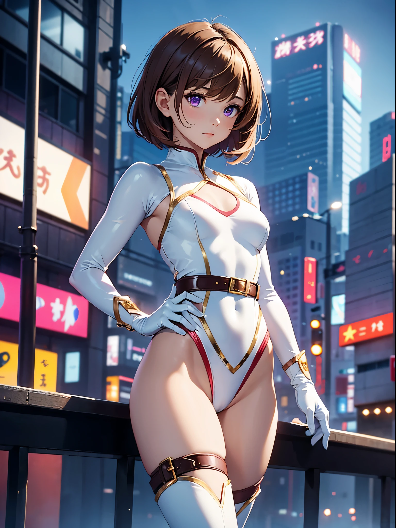 1girl, medium breasts, leotard, white and red leotard, bare legs, tight belt, gold belt, boots, matching boots, ankle boots, white boots, gloves, white glove, city backdrop, tokyo city backdrop, solo, single, hands on hip, standing, full body shot, cowboy shot, superhero, beautiful detailed eyes, mature lady, gold star symbol on chest, brown hair, short hair, bob hair, purple eyes, sleeveless, perfect anatomy, masterpiece