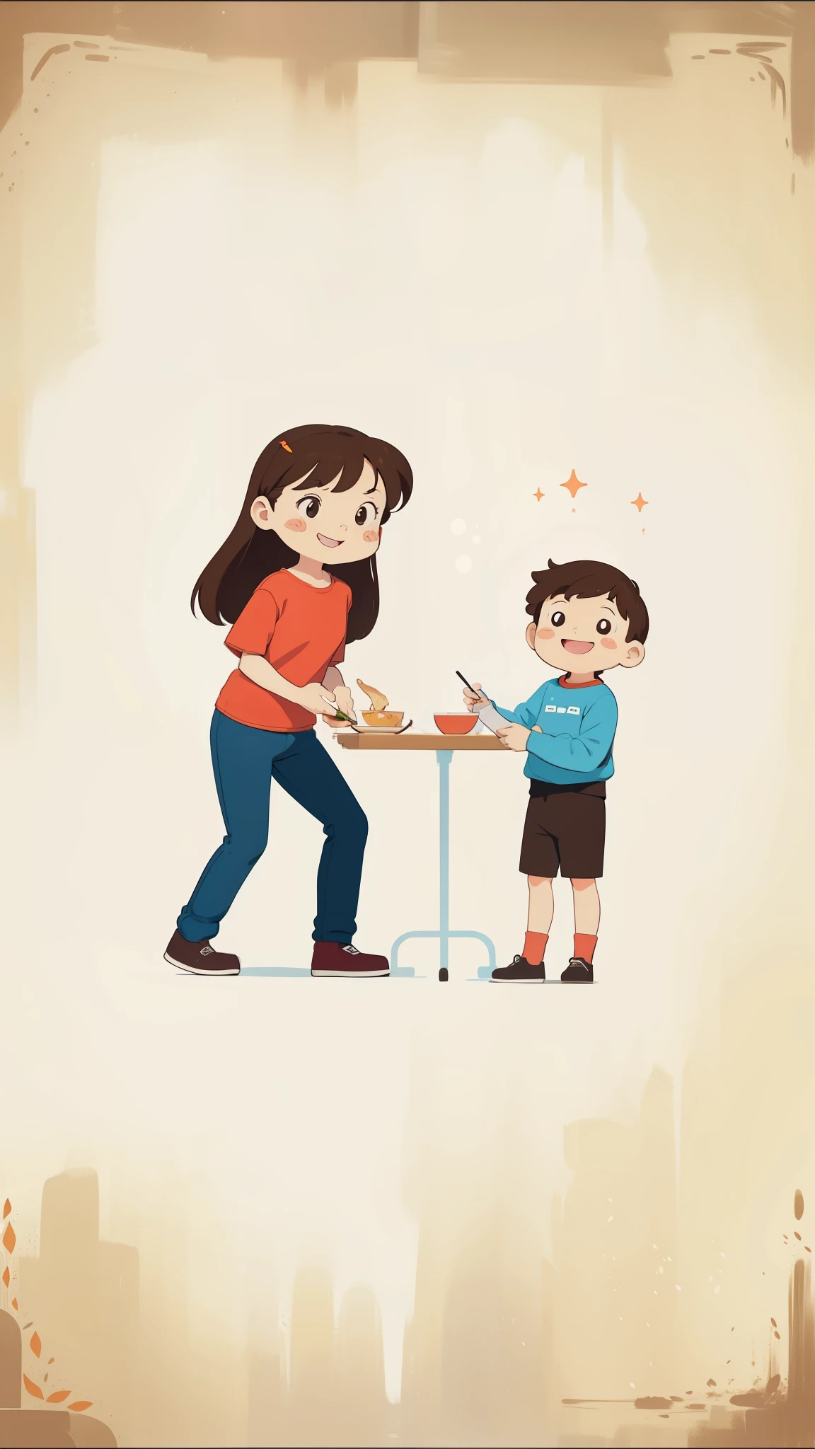 Two people eat together at the table, The people inside eat, There is a casserole on the table, Chicken soup in casserole, flat cartoon illustration, Casserole chicken soup cartoon, Happy Chicken Soup Casserole, HD illustrations, exciting illustrations, flat illustration, Eat chicken, cartoon illustration, Children's book illustrations, dinner, cooking, detailed 2d illustration, business illustration, Children's book illustrations, Full color illustration, 2d illustration