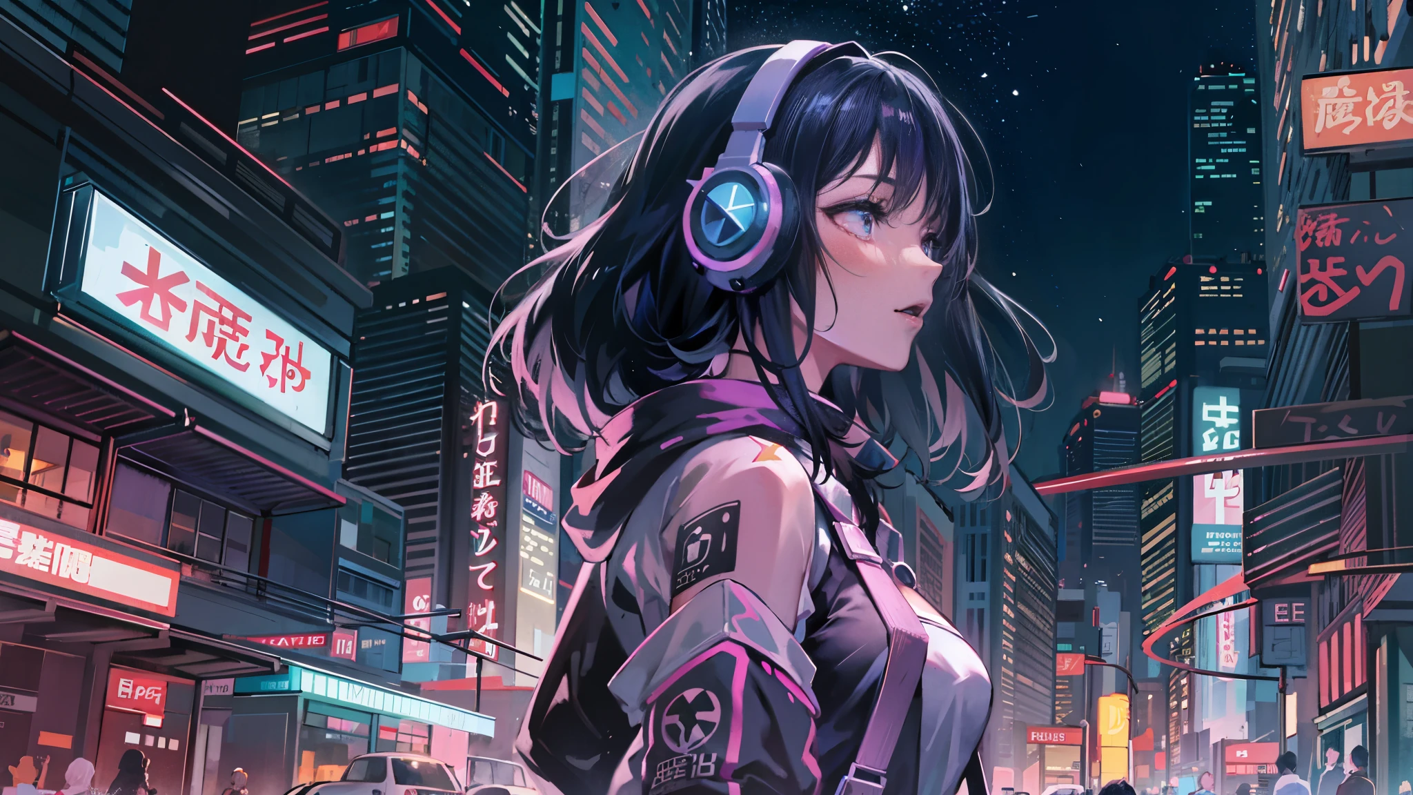 masterpiece,Anime-style illustration showing a young woman in her 20s wearing a futuristic plunging costume, facing right, Standing in the middle of the street in a cyberpunk nightlife district. she has pinkish black hair、wearing headphones. big breasts、She&#39;s still looking up at the starry sky, But her gaze and body are turned to the right side of the frame. The scene should be lively, Reflecting a cyberpunk aesthetic, Neon lights and futuristic buildings surround her. The hustle and bustle of the city continues, But she&#39;s at peace in the chaos, Immerse yourself in the sights and sounds of the night. In the image、The quiet sky above and the vibrant urban environment must be captured。, highlight her new direction.
