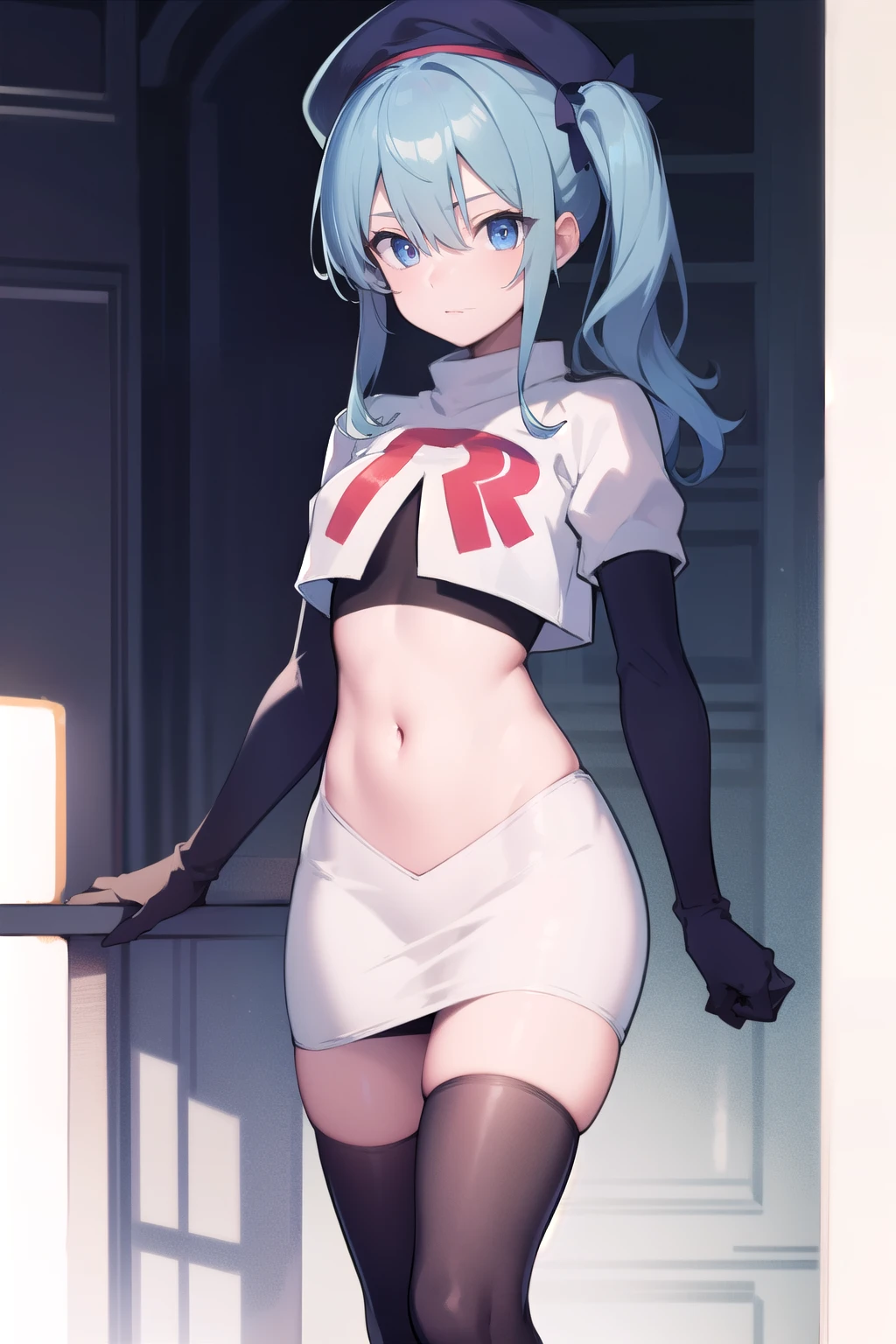 hoshimachisuisei, suisei hoshimachi, blue eyes, blue hair, hair between eyes, medium hair, side ponytail,
BREAK beret, crown, gloves, grey headwear, hat, jacket, jewelry, team rocket,team rocket uniform, red letter R, white skirt,white crop top,black thigh-highs ,black elbow gloves
BREAK looking at viewer,
BREAK (masterpiece:1.2), best quality, high resolution, unity 8k wallpaper, (illustration:0.8), (beautiful detailed eyes:1.6), extremely detailed face, perfect lighting, extremely detailed CG, (perfect hands, perfect anatomy),