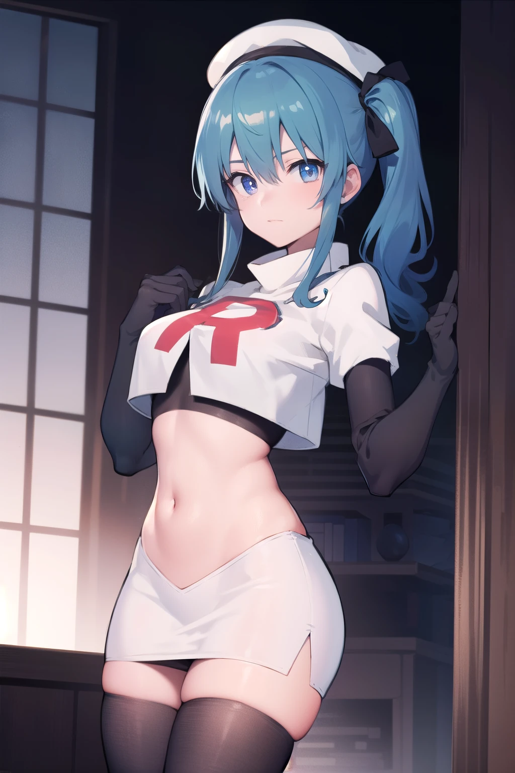 hoshimachisuisei, suisei hoshimachi, blue eyes, blue hair, hair between eyes, medium hair, side ponytail,
BREAK beret, crown, gloves, grey headwear, hat, jacket, jewelry, team rocket,team rocket uniform, red letter R, white skirt,white crop top,black thigh-highs ,black elbow gloves
BREAK looking at viewer,
BREAK (masterpiece:1.2), best quality, high resolution, unity 8k wallpaper, (illustration:0.8), (beautiful detailed eyes:1.6), extremely detailed face, perfect lighting, extremely detailed CG, (perfect hands, perfect anatomy),