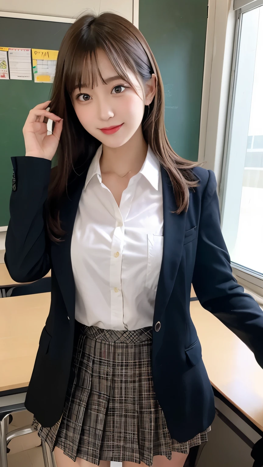 table top, highest quality, figure, super detailed, finely, High resolution, 8k wallpaper, 完璧なダイナミックな構figure, detailed and beautiful eyes, ,medium hair, big breasts, natural color lip, random sexy poses,smile、20 year old girl、 After school classroom、 high school giller suit、mini skirt、loose socks、