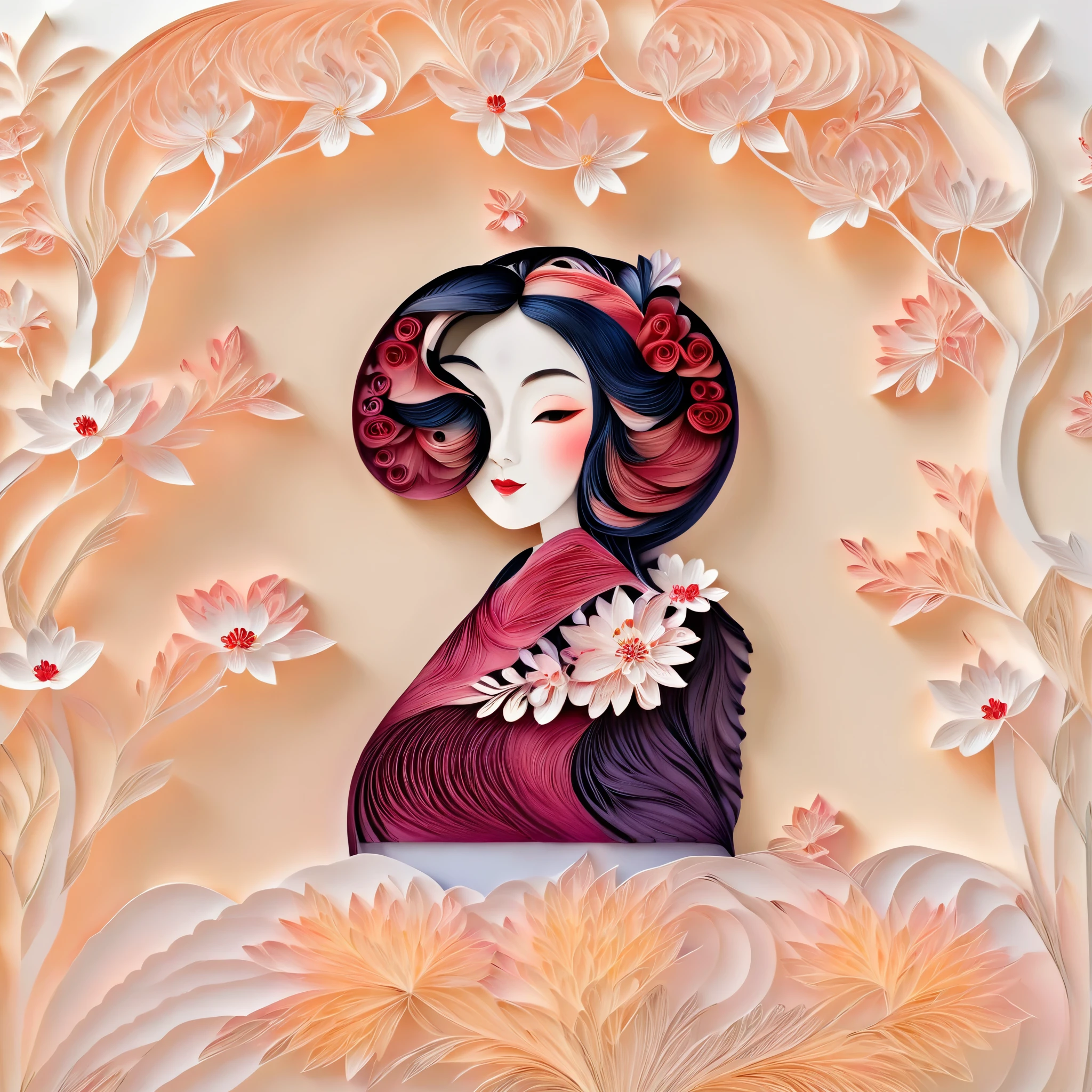 pure white background,(1 Beautiful girl portrait,solo,Plum Blossom, Jasmine),(Oriental elements, Chinese color,Very colorful),(number art, paper art,layered paper art,paper quilling,paper-cut,paper sculpture)