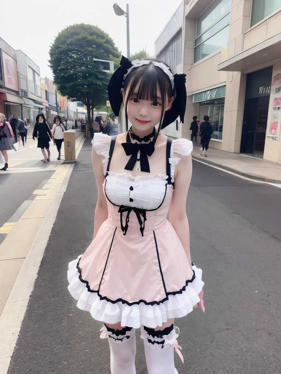 1 girl, alone, (short hair), japanese idol, perfect figure, beautiful eyes double eyelids, ta fashion, Colorful pastel color clothes, Downtown like Harajuku, smile, Upper body, blow the wind, Because I'm slender,white knee highs,Full body figure