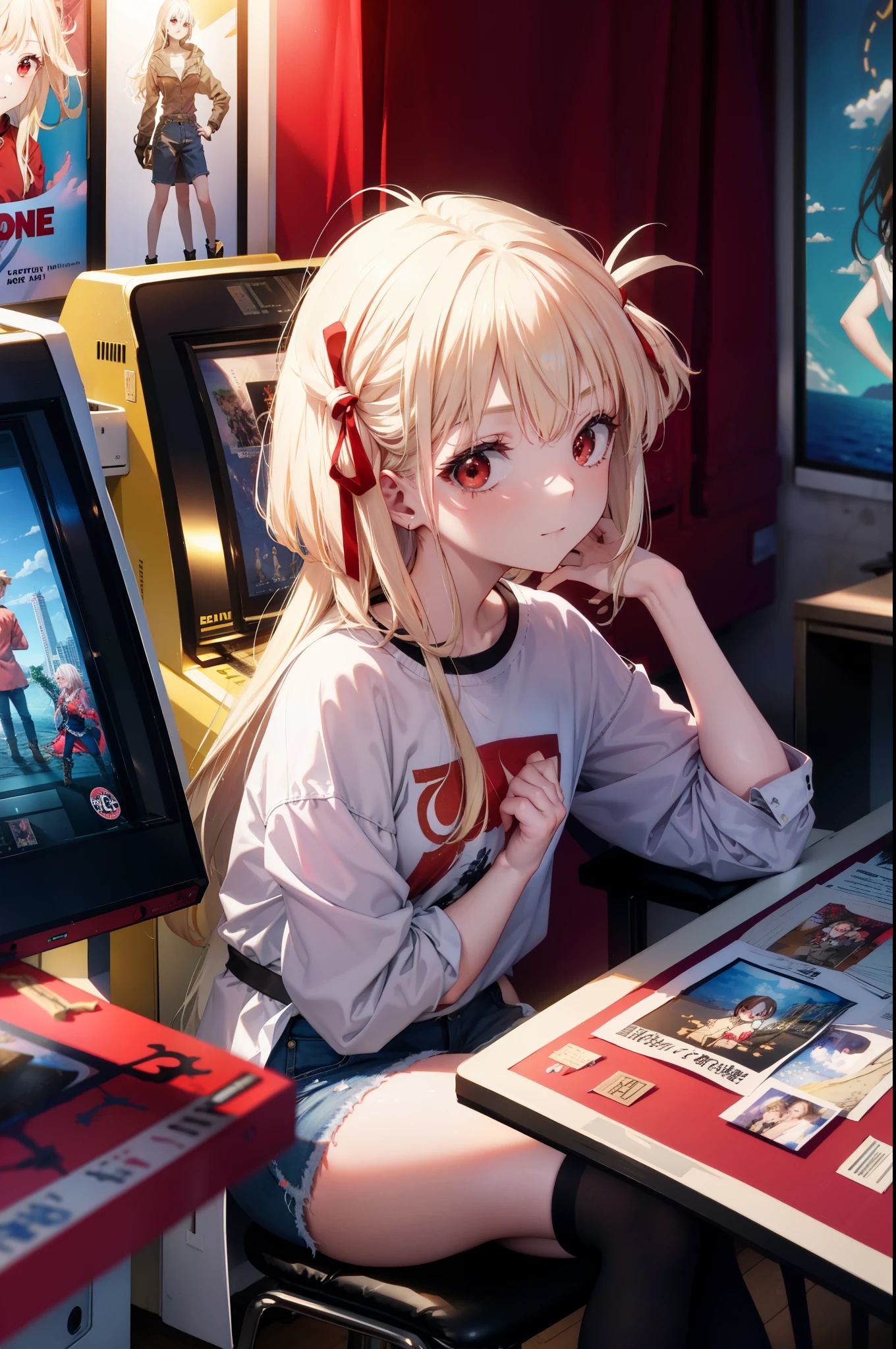 chisatonishikigi, nishikigi chisato, bangs, blonde hair, (red eyes:1.5), hair ribbon, one side up, smile,long hair,hair tied back,,off shoulder dress,short denim pants,short boots,smile,sitting Chair, game_center, scenery, arcade cabinet, Chair, poster (object), indoor ,s4g4m1,
break indoors, gameセンター,
break looking at viewer, (cowboy shot:1.5),
break (masterpiece:1.2), highest quality, High resolution, unity 8k wallpaper, (figure:0.8), (detailed and beautiful eyes:1.6), highly detailed face, perfect lighting, Very detailed CG, (perfect hands, perfect anatomy),