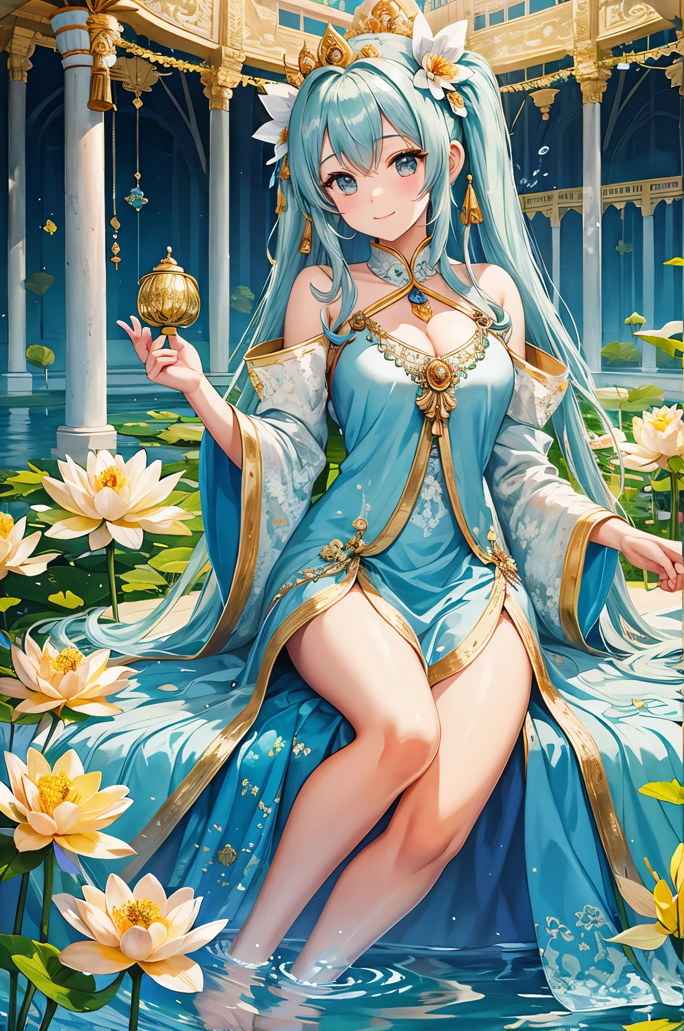 beautiful  princess，Princess Long Dress、light blue long hair、twin tail princess、gentle smile、In the background is the big golden temple of Myanmar、Shwedagon Pagoda、Wearing a delicate gold crown，holding a lotus flower in one hand，Barefoot with both legs，water hibiscus etc.，The corners of the mouth are slightly turned up，Look at the camera with a kind expression，Gorgeous and noble costumes，8k wallpaper，amazing cleavage，master piece,Goddess of wealth,Venerable Goddess,Beautiful dream world，magical fantasy，