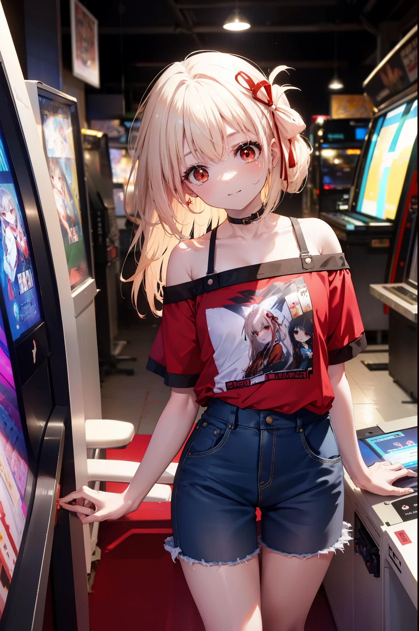 chisatonishikigi, nishikigi chisato, bangs, blonde hair, (red eyes:1.5), hair ribbon, one side up, smile,long hair,hair tied back,,off shoulder dress,short denim pants,short boots,smile,sitting Chair, game_center, scenery, arcade cabinet, Chair, poster (object), indoor ,s4g4m1,
break indoors, gameセンター,
break looking at viewer, (cowboy shot:1.5),
break (masterpiece:1.2), highest quality, High resolution, unity 8k wallpaper, (figure:0.8), (detailed and beautiful eyes:1.6), highly detailed face, perfect lighting, Very detailed CG, (perfect hands, perfect anatomy),
