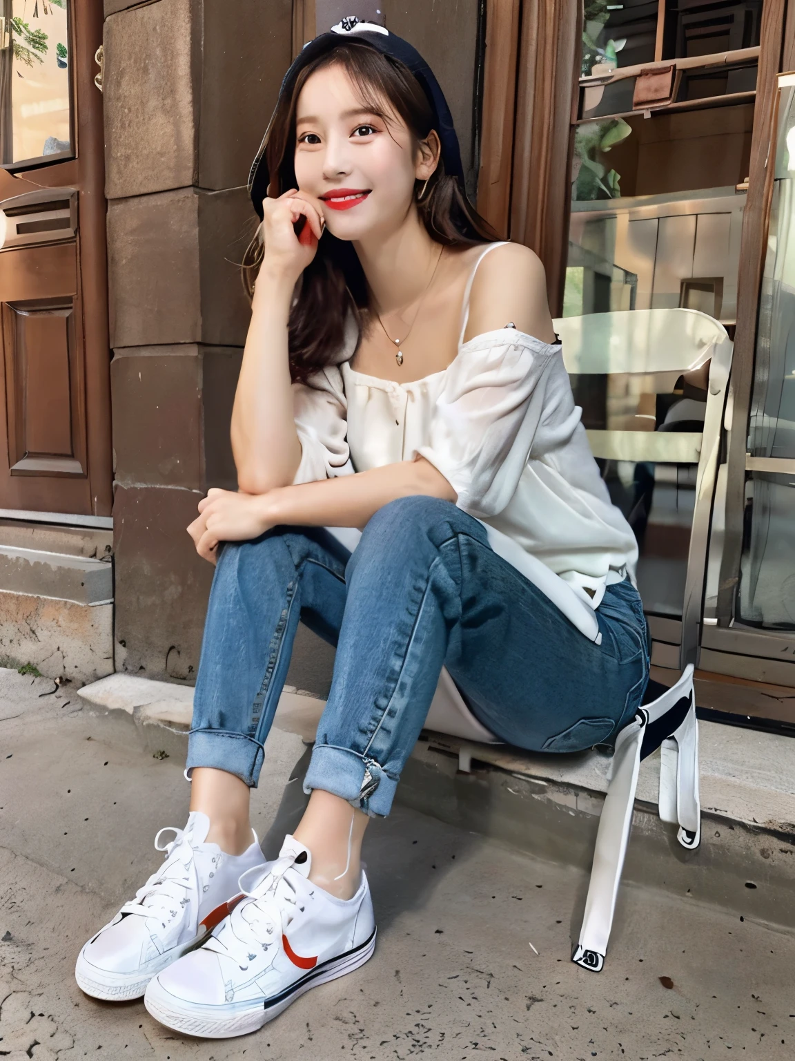 beautiful detailed eyes、delicate beautiful face,、long sleeve blouse、skinny denim、sneakers、wearing socks、socks slightly visible through shoes、black hair、hat、refreshing smile、smile showing teeth、full body photo、Hairstyle braid