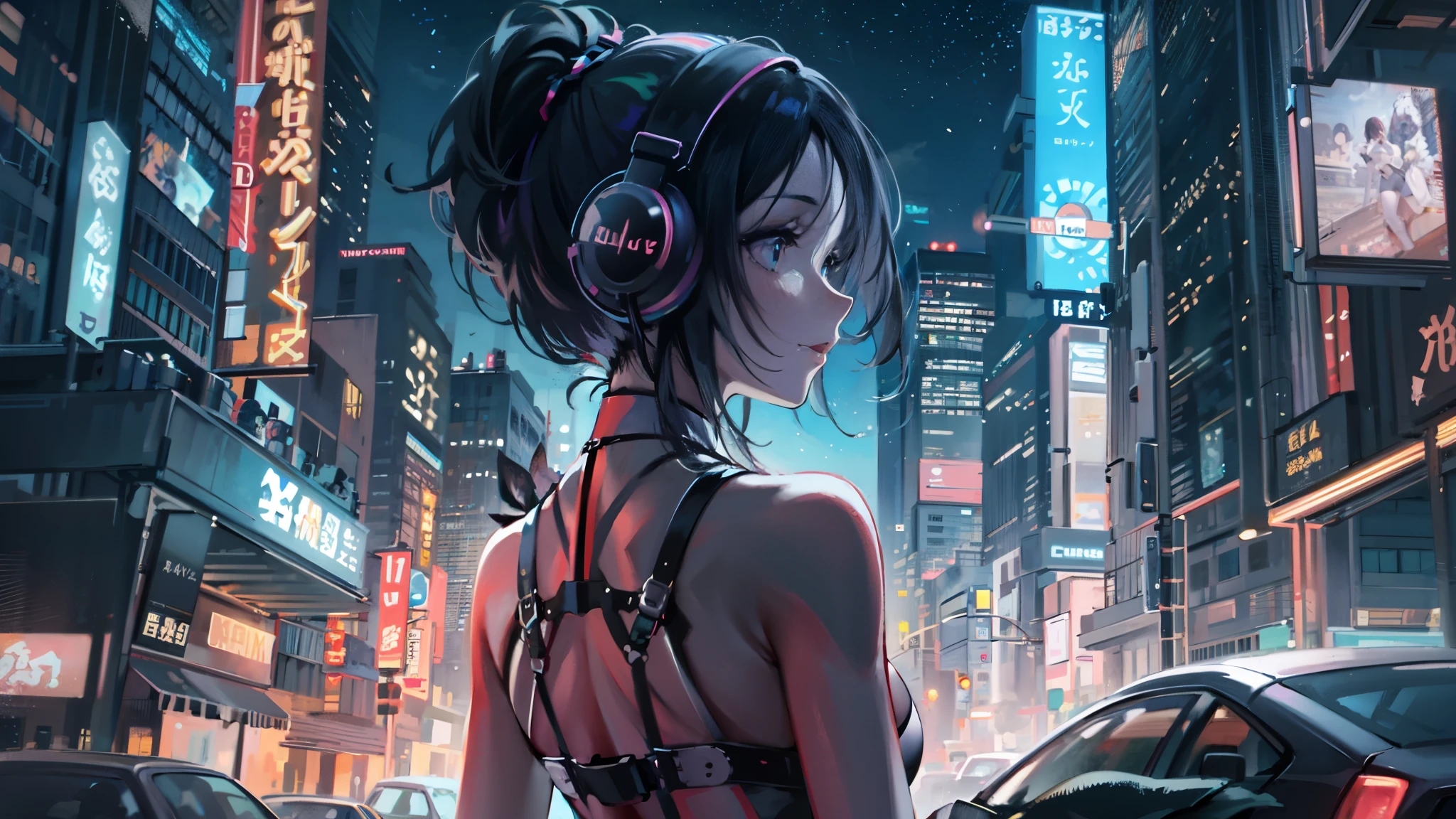 masterpiece,Anime-style illustration showing a young woman in her 20s wearing a futuristic plunging costume, facing right, Standing in the middle of the street in a cyberpunk nightlife district. she has pinkish black hair、wearing headphones. big breasts、She&#39;s still looking up at the starry sky, But her gaze and body are turned to the right side of the frame. The scene should be lively, Reflecting a cyberpunk aesthetic, Neon lights and futuristic buildings surround her. The hustle and bustle of the city continues, But she&#39;s at peace in the chaos, Immerse yourself in the sights and sounds of the night. In the image、The quiet sky above and the vibrant urban environment must be captured。, highlight her new direction.
