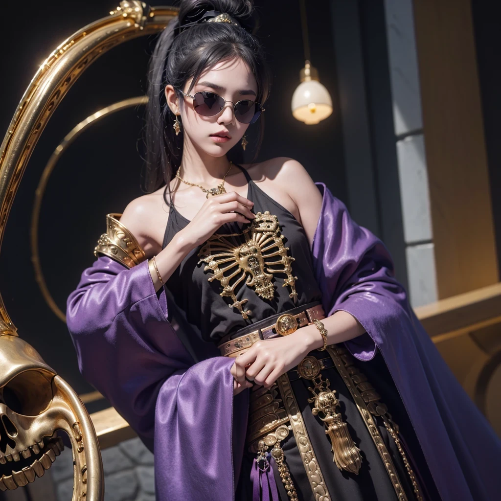 On snowy nights，32k（masterpiece，HD，super high quality，32k）Purple-pink double ponytail，flower stick，Indigo Skull King ，Mahogany steering wheel （The skeleton is very realistic：1.4），crocodile print robe，Rusty skull ornaments，Sand gold linen cloak，Petals flying，Deep gold sunglasses，Hold your head high，worthy of pride，looking at people through nostrils，Primary and secondary school xxx students， high resolution，Xueba， detail， original photo， Sharp Re， Nikon D850 film photo by Jefferies Lee 4 Kodak Portra 400 camera F1.6 guns, rich and colorful, Super real、Vivid texture, dramatic lighting, Unreal Engine Art Station Trend, Silicon Nest 800，Hold your head high，side，worthy of pride，looking at people through nostrils，arrogant，Petals flying，Petals flying，Gold-plated crocodile leather，Fluttering，Impeccable，( Reasonable design, clear lines, HD definition,best quality, Very detailed skeleton, skeleton of masterpiece, official art, Lighting effects, 8K crocodile skeleton（（（Platinum marble sunglasses）））Deep gold sunglasses，sideportrait