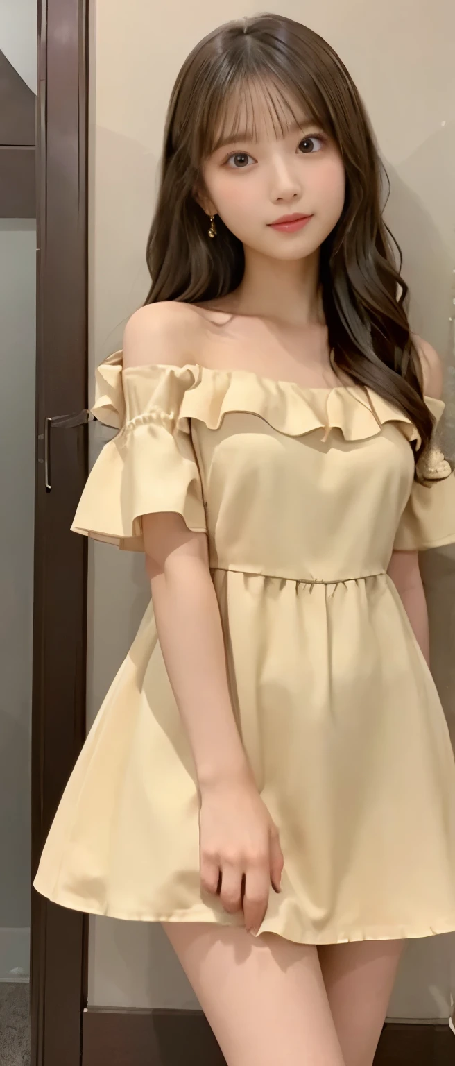 tall gorgeous princess、whole body、good style、、、、、light blonde wavy hair、off shoulder ruffle mini dress、Neat and calm face、gorgeous gold room