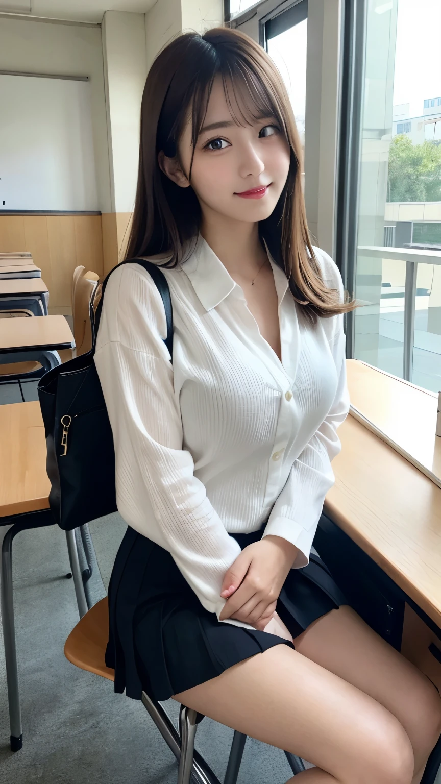 table top, highest quality, figure, super detailed, finely, High resolution, 8k wallpaper, 完璧なダイナミックな構figure, detailed and beautiful eyes, ,medium hair, big breasts, natural color lip, random sexy poses,smile、18 year old girl、　After school classroom、　high school giller suit、mini skirt、loose socks、