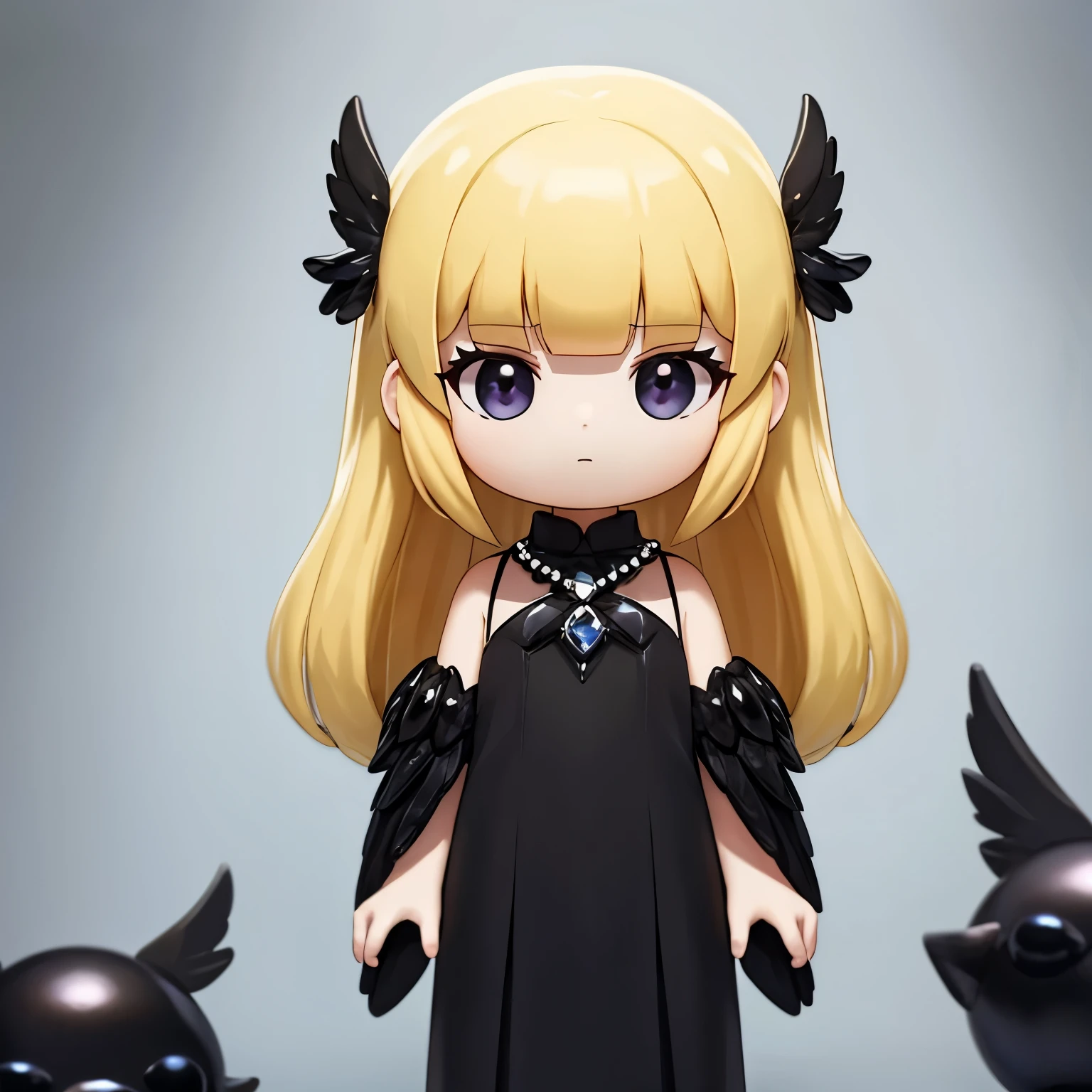 Blonde girl with black wings and black pearls in a white dress of crystal clear thin fabric, Shines