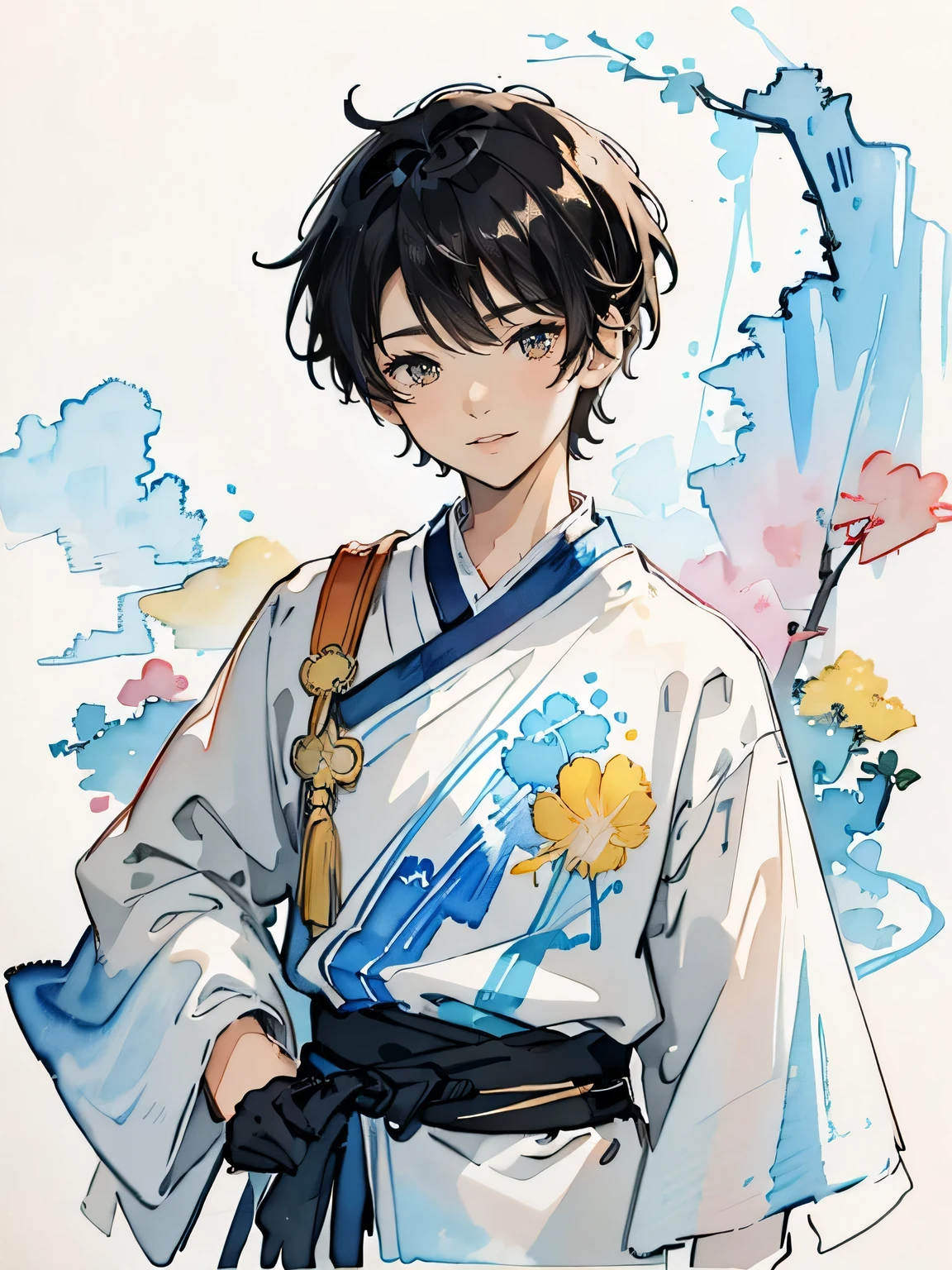 8k,masterpiece,highest quality, dynamic pose,13 year old 1 boy, portrait, watercolor sketch, light, short hair,black hair、smile, watercolor painting \(Moderately\),watercolor painting、fractal art、Wind、Only One Asian Boy、pastel colour