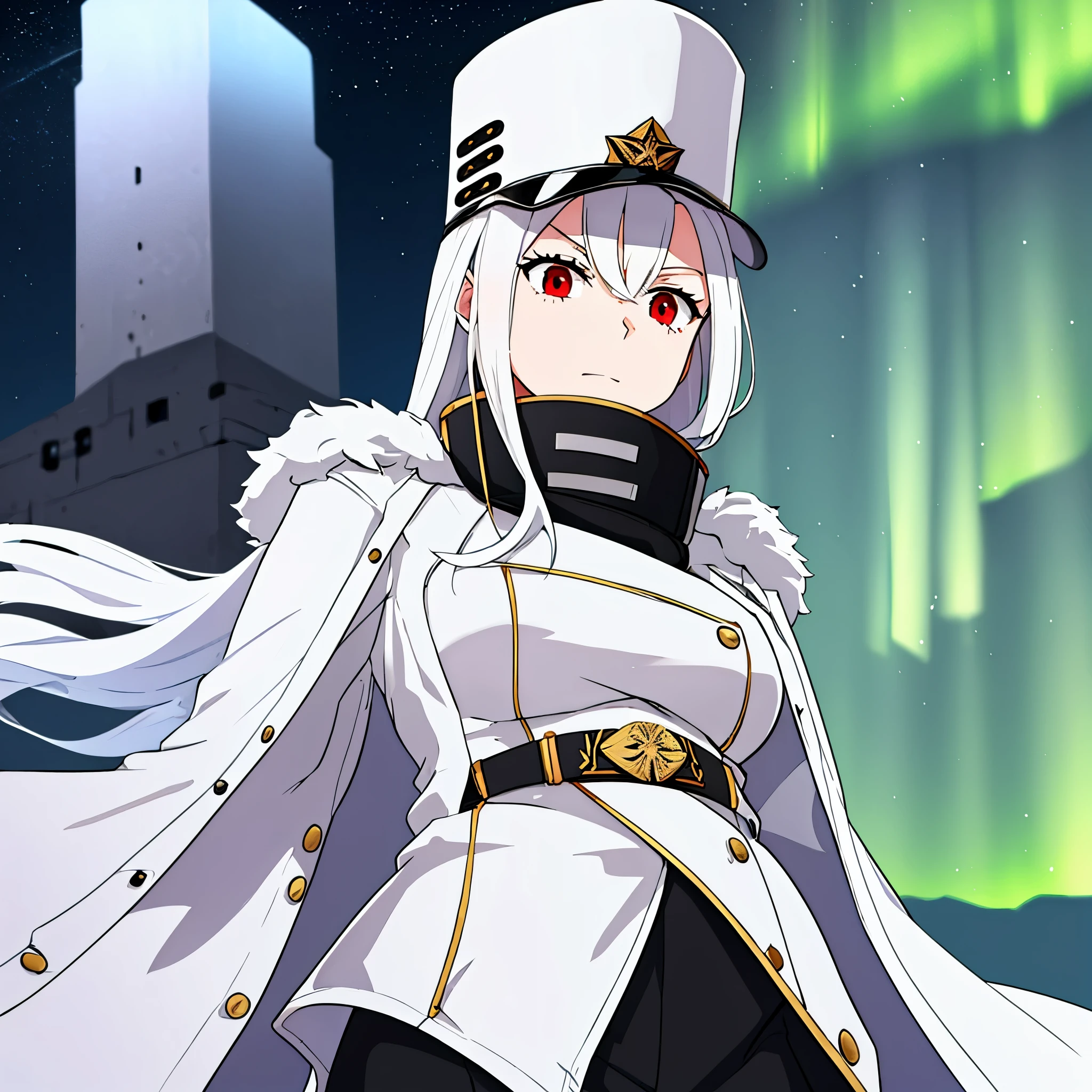 A woman wearing a white military uniform, white military hat, in the city of Moscow with the Northern Lights in the night sky, white hair and red eyes.
