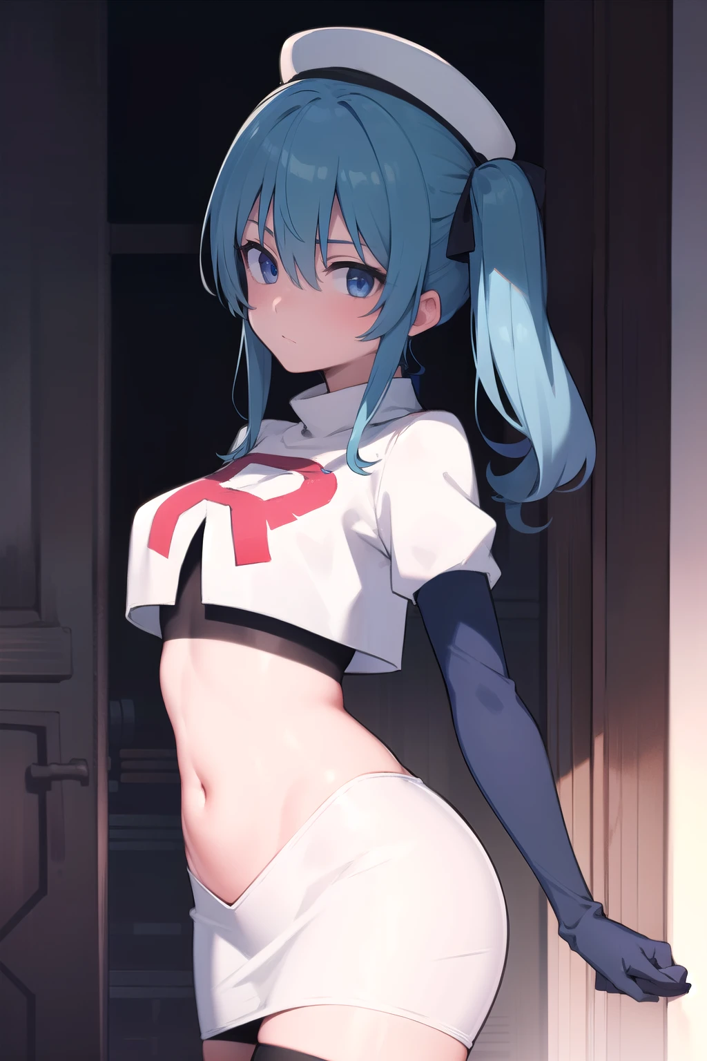 hoshimachisuisei, suisei hoshimachi, blue eyes, blue hair, hair between eyes, medium hair, side ponytail,
BREAK beret, crown, gloves, grey headwear, hat, jacket, jewelry, team rocket,team rocket uniform, red letter R, white skirt,white crop top,black thigh-highs ,black elbow gloves
BREAK looking at viewer,
BREAK (masterpiece:1.2), best quality, high resolution, unity 8k wallpaper, (illustration:0.8), (beautiful detailed eyes:1.6), extremely detailed face, perfect lighting, extremely detailed CG, (perfect hands, perfect anatomy),