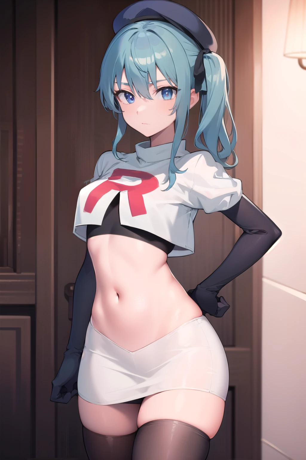 hoshimachisuisei, suisei hoshimachi, blue eyes, blue hair, hair between eyes, medium hair, side ponytail,
BREAK beret, crown, gloves, grey headwear, hat, jacket, jewelry, team rocket,team rocket uniform, red letter R, white skirt,white crop top,black thigh-highs ,black elbow gloves
BREAK looking at viewer,
BREAK (masterpiece:1.2), best quality, high resolution, unity 8k wallpaper, (illustration:0.8), (beautiful detailed eyes:1.6), extremely detailed face, perfect lighting, extremely detailed CG, (perfect hands, perfect anatomy),