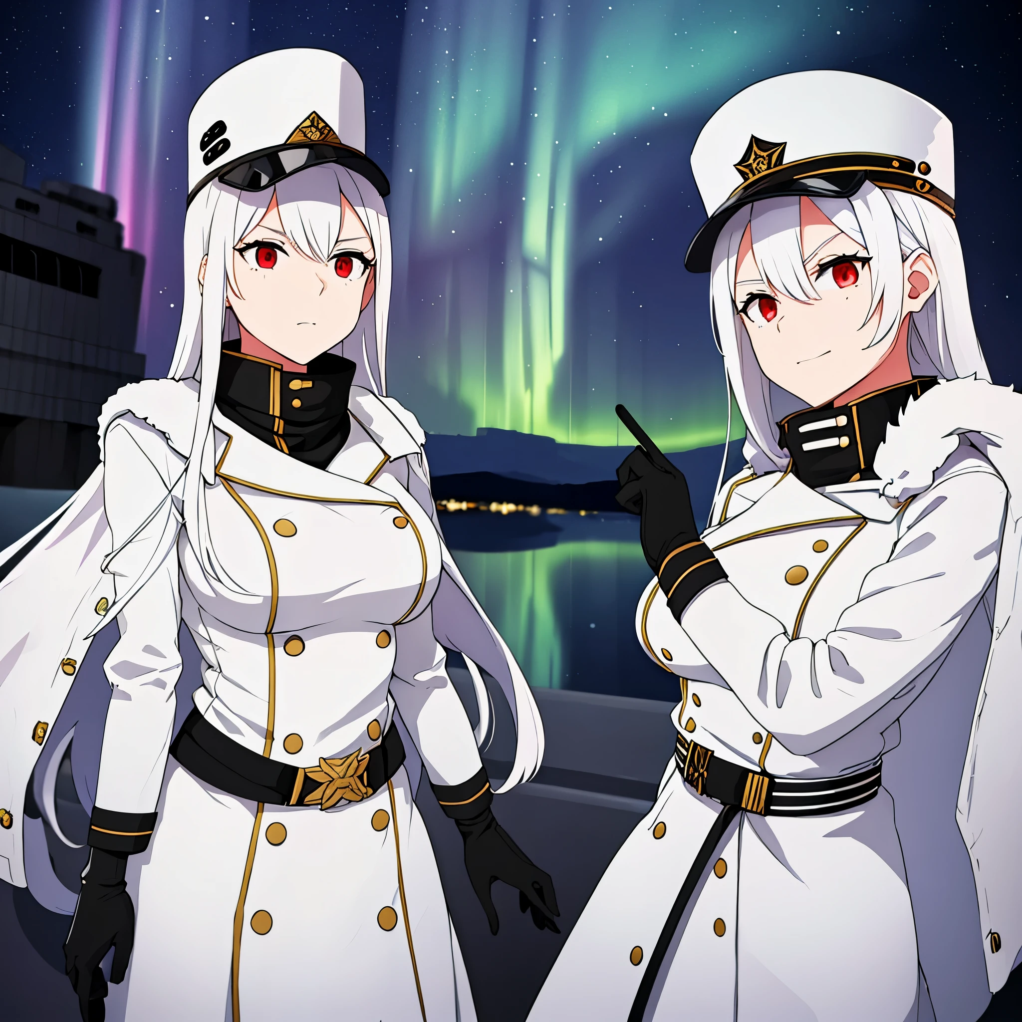 A woman wearing a white military uniform, white military hat, in the city of Moscow with the Northern Lights in the night sky, white hair and red eyes.
