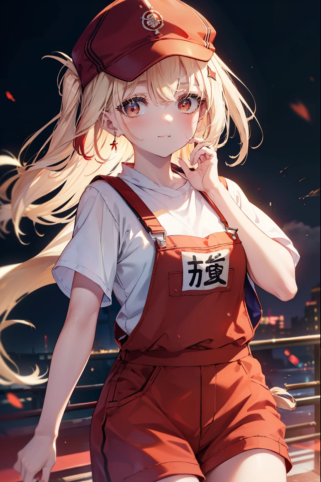 chisatonishikigi, nishikigi chisato, long hair, bangs, blonde hair, (red eyes:1.5), one side up,smile,blush,baseball hat,red sleeveless shirt,Worn out overalls,short sneakers,
break outdoors, city,
break looking at viewer, (cowboy shot:1.5),
break (masterpiece:1.2), highest quality, High resolution, unity 8k wallpaper, (figure:0.8), (detailed and beautiful eyes:1.6), highly detailed face, perfect lighting, Very detailed CG, (perfect hands, perfect anatomy),