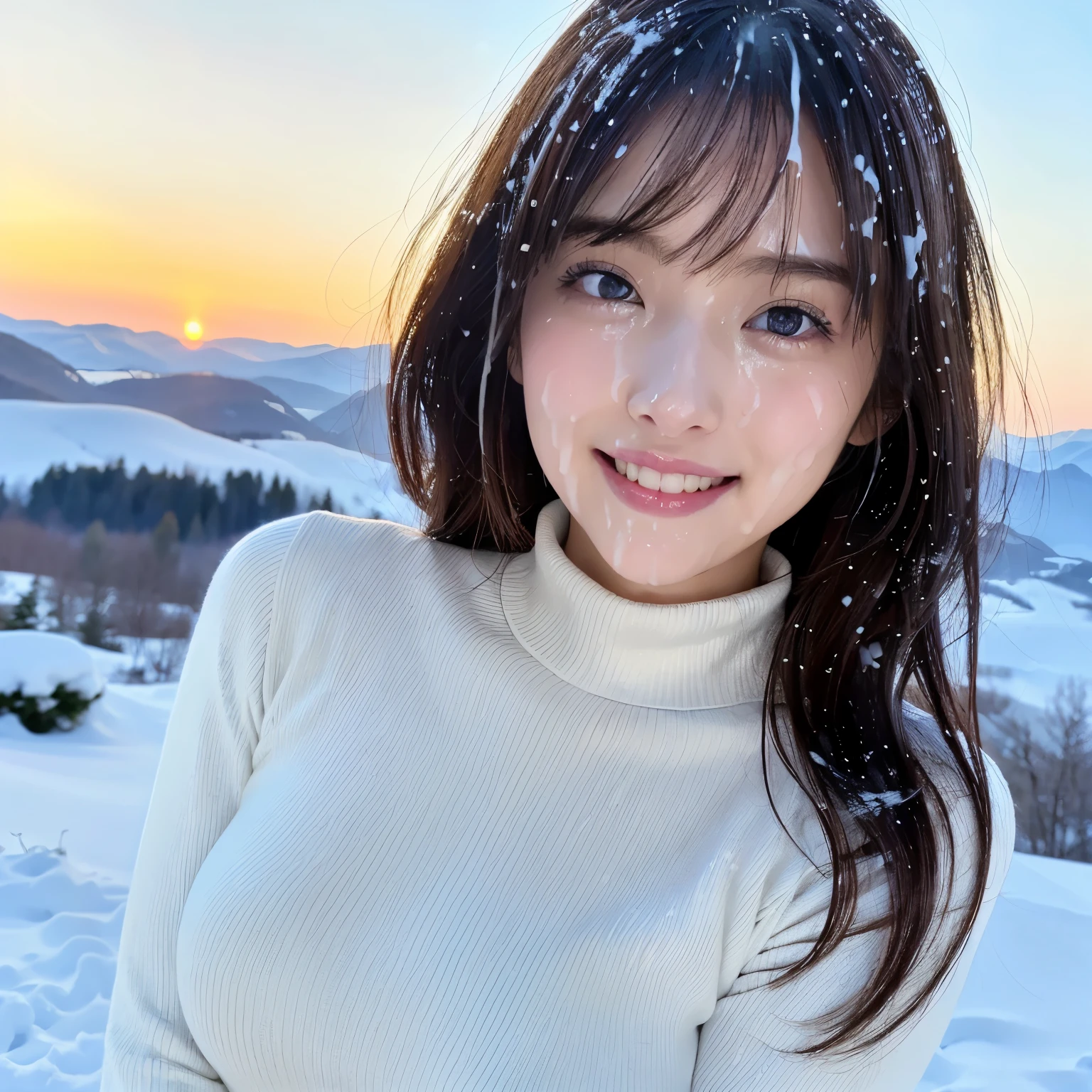 (table top、highest quality、8k、Award-winning work、ultra high resolution)、one beautiful woman、(Perfect burgundy turtleneck long sleeve knit sweater dress:1.1)、(close up of face:1.1)、(Very fine knit with a smooth texture:1.1)、long hair、(Snowy mountains of Northern Europe:1.1)、snow forest、mysterious forest snow scene、(blurred background:1.1)、(very bright and vivid:1.1)、(very bright and glowing skin:1.1)、(glamorous body:1.1)、(Tightest knit with perfect fit:1.1)、(very big breasts:1.1)、(emphasize body line:1.1)、winter、(the biggest smile looking at me:1.1)、(Smile showing your beautiful perfect teeth:1.1)、A vivid and magical sunset、romantic sunset glow、shining snow、beautiful sunlight filtering through the foliage、epic movie lighting、The sparkle of fine diamond dust、(It&#39;s snowing:1.2)、perfect fit、(accurate anatomy:1.1)、ultra high definition hair、ultra high resolutionの完璧な美しい歯、Ultra high definition beauty face、ultra high definition hair、Super high-definition sparkling eyes、輝くultra high resolutionの美肌、ultra high resolutionの艶やかな唇、epic movie lighting、the most romantic、the moodiest、romantic love feeling、(face covered in semen:1.5)、(Knit dress covered in semen:1.1)