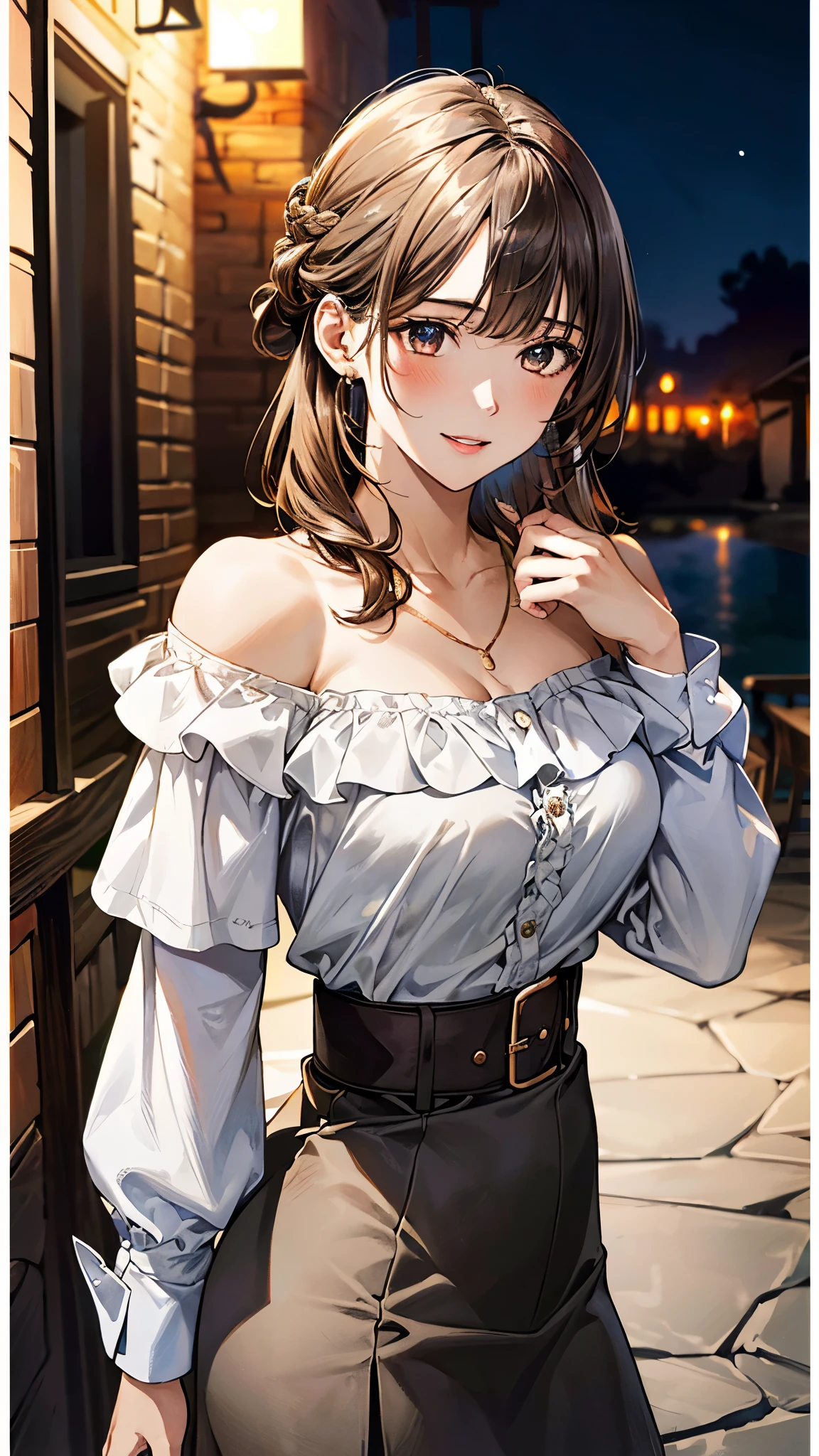 (masterpiece:1.3, highest quality), ultra high resolution, Super detailed, (realistic, photorealistic:1.4), beautiful illustrations, perfect lighting, colorful, Depth of written boundary,
looking at the viewer, (face focus, Upper body), 1 girl, alone, high school girl, sculpture model, (big breasts:0.8, big ass, seductive thighs, skin teeth hair:1.2, half up hair:1.7, light brown hair), bangs, braided bangs, (gold eyes), droopy eyes, parted lips, shiny skin,
beautiful hair, beautiful face, highly detailed face, thin and beautiful eyes, beautiful clavicle, beautiful body, beautiful breasts, beautiful thighs, beautiful feet, beautiful fingers,
(fine fabric texture, (Khaki color long sleeve ruffle off shoulder shirt, White tight skirt with high waist, belt)), garnet necklace,
(beautiful scenery), night, (Shoulder bag, modern), Are standing, (enchanting smile),