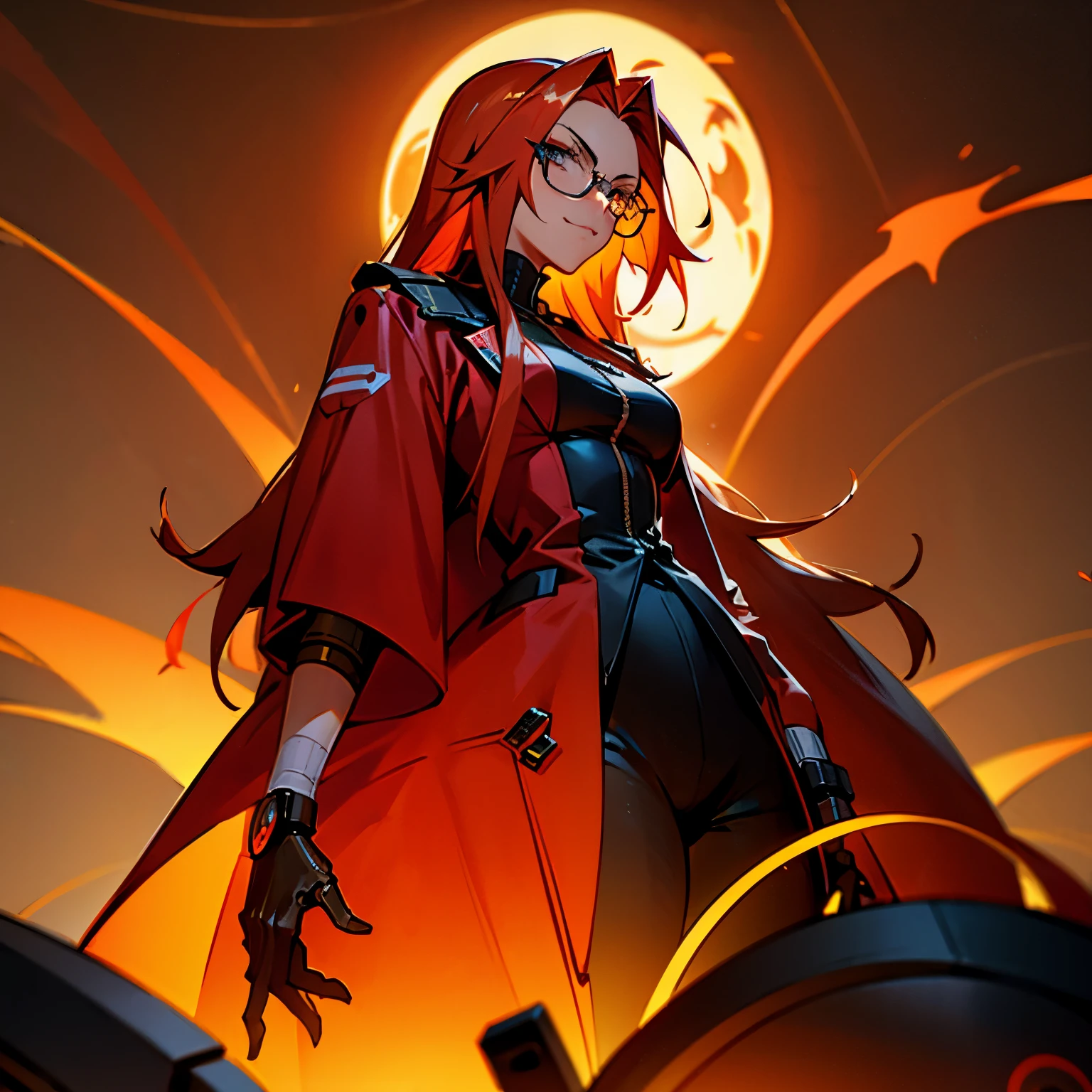 Smug and Arrogant cyborg mad scientist woman with large heavy dark circles under her heavy eyes shadows, wearing glasses, wearing a striking red scientist coat, long orange hair cascading down her back, and magical cybernetic limbs.