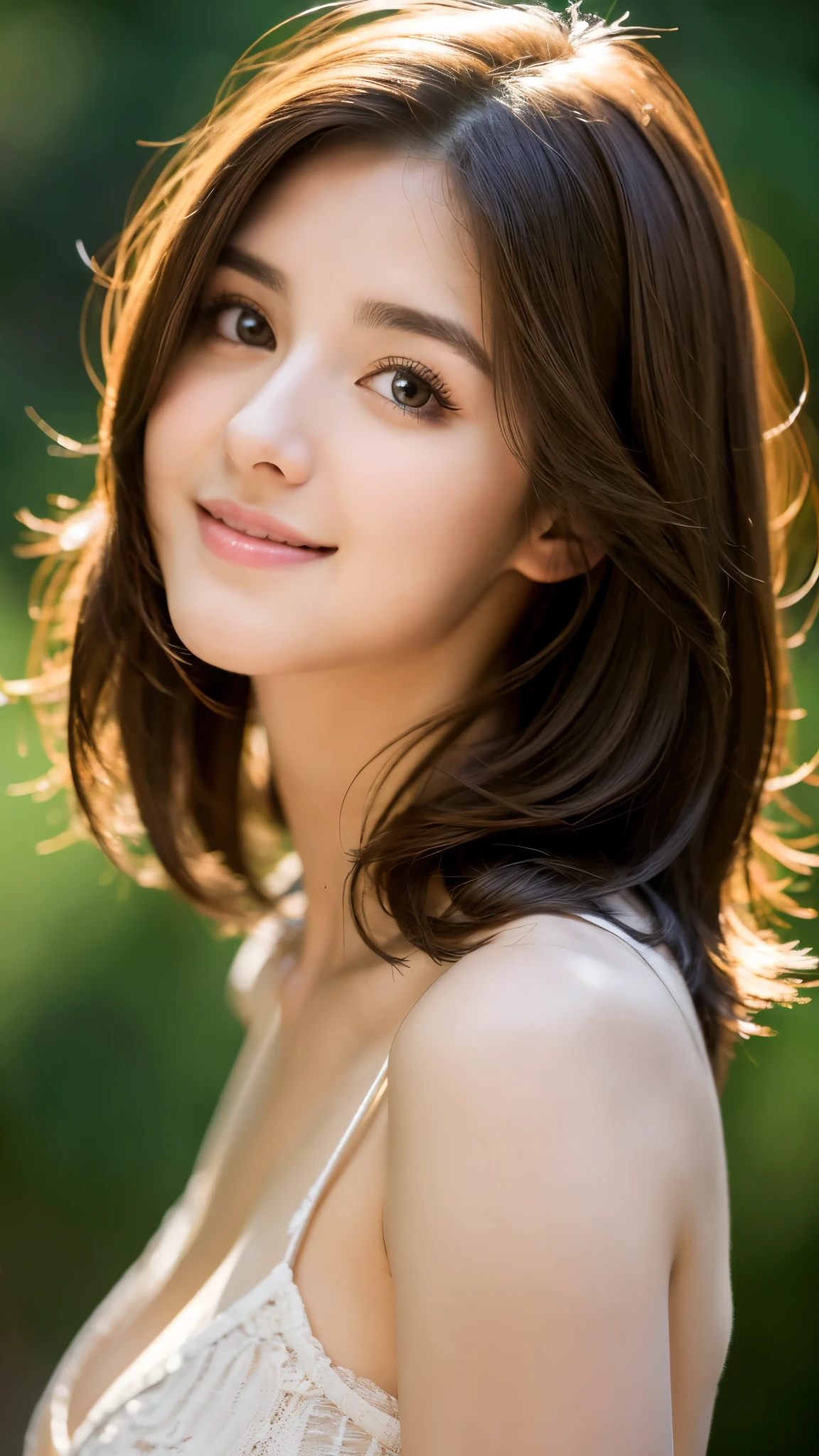 highest shape, Super detailed, finely, High resolution, 8k wallpaper, under wear, medium hair, big breasts, natural color lip, smile,、20 year old girl, midnight, beautiful and detailed face, big cleaves, random sexy pose, hot mood, perfect and beautiful face, Big eyes, RAW photo, beautiful and detailed eyes, small face, beautiful duplex, slim face and style, blur the background