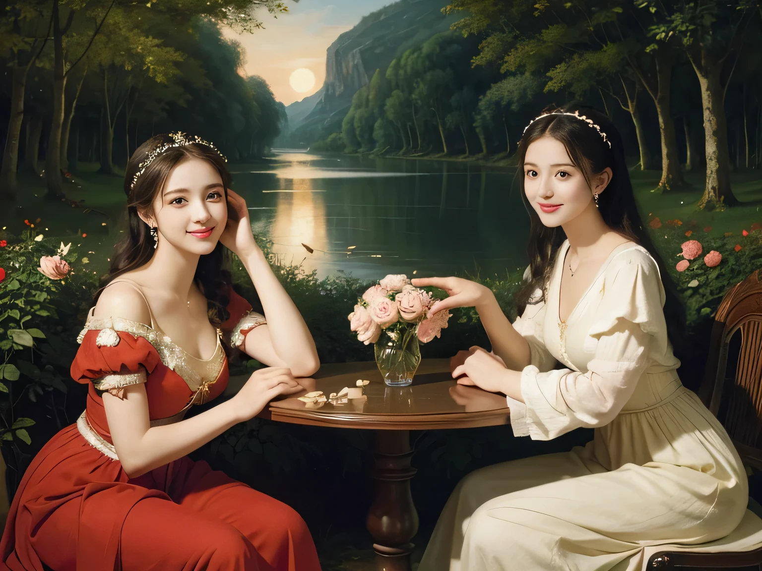 Raffaello Santi painting style,Arguments of two female P、roses in vase、fruits、Cute trinkets、smile、ancient greek costume、Background is a forest lake at night ,A big smile