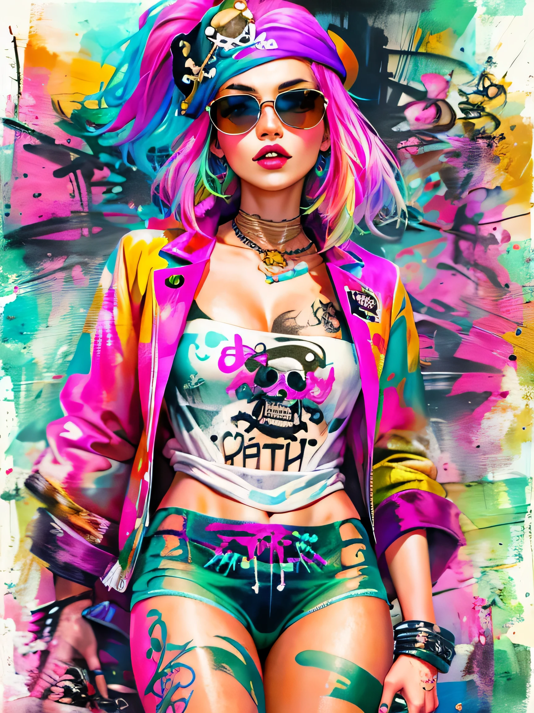 watercolor painting, 8K resolution、((highest quality))、((masterpiece))、((Super detailed))、(((most fashionable design)))、1 female、alone、incredibly absurd、 (((The most beautiful pirate girl of all time))), (((Stylish sunglasses))), lips in love, pirate bandana,neon、small breasts,、(((graffiti art))), colorful hair, provocative
