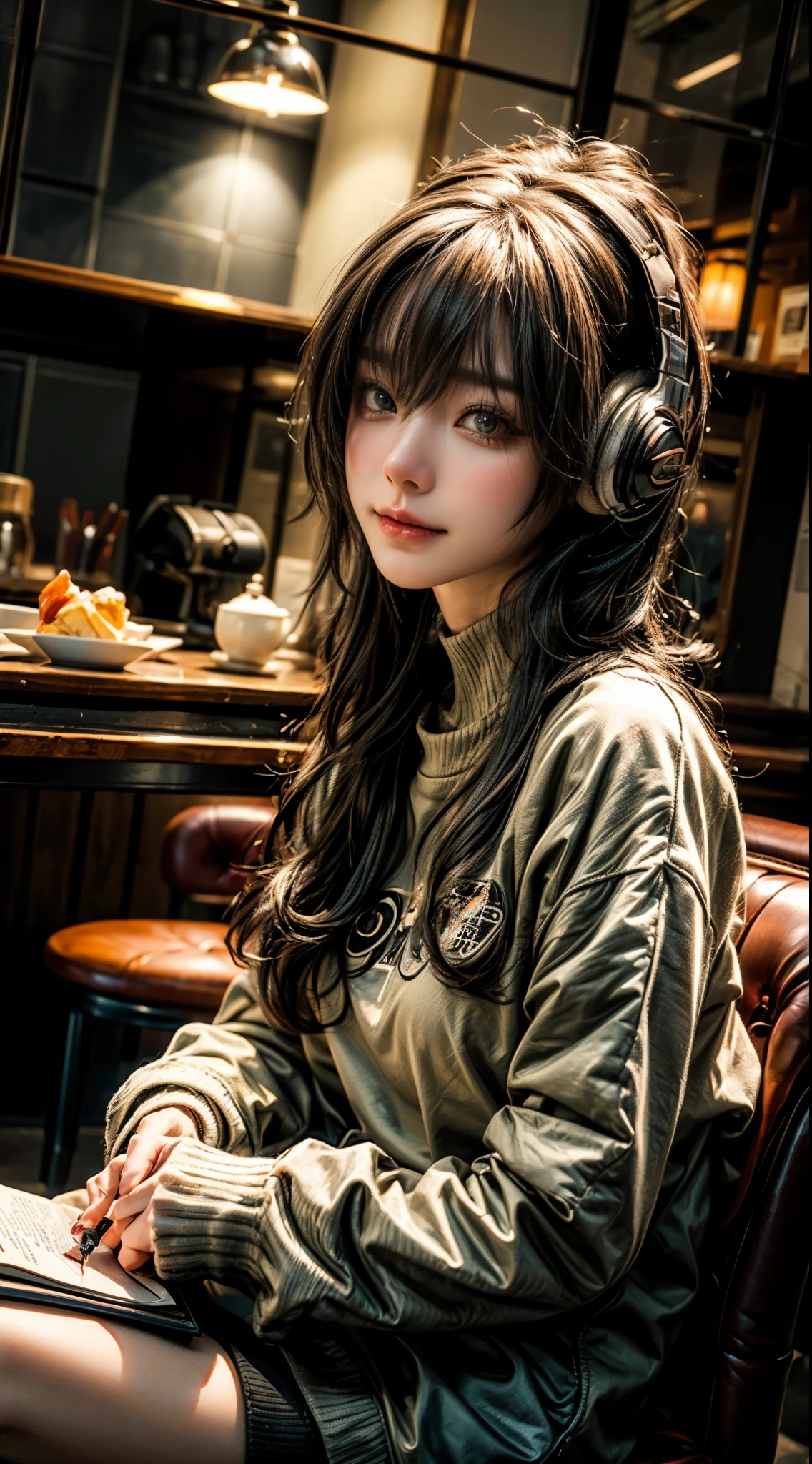 Cafeでヘッドフォンを着けているアラフェデの女性, expression of joy,fleeting woman, with headphones, Kantai Collection Style, soft lighting, with headphones, sportswear, Colorful sweatshirts,anime moe art style,reading,((they are very focused:1.5)),,slim body shape,highly detailed eyes and face、beautiful and fine eyes,beautiful skin,small details、smooth hair,fine hair,very thin hair,cool makeup,low eyebrows、Whitening effect,Thin eyebrows and thin eyebrow-like skin,(Cafe),((Cafeでreadingしている)),sitting on a chair,relax,relaxation,sofa,Book,reading