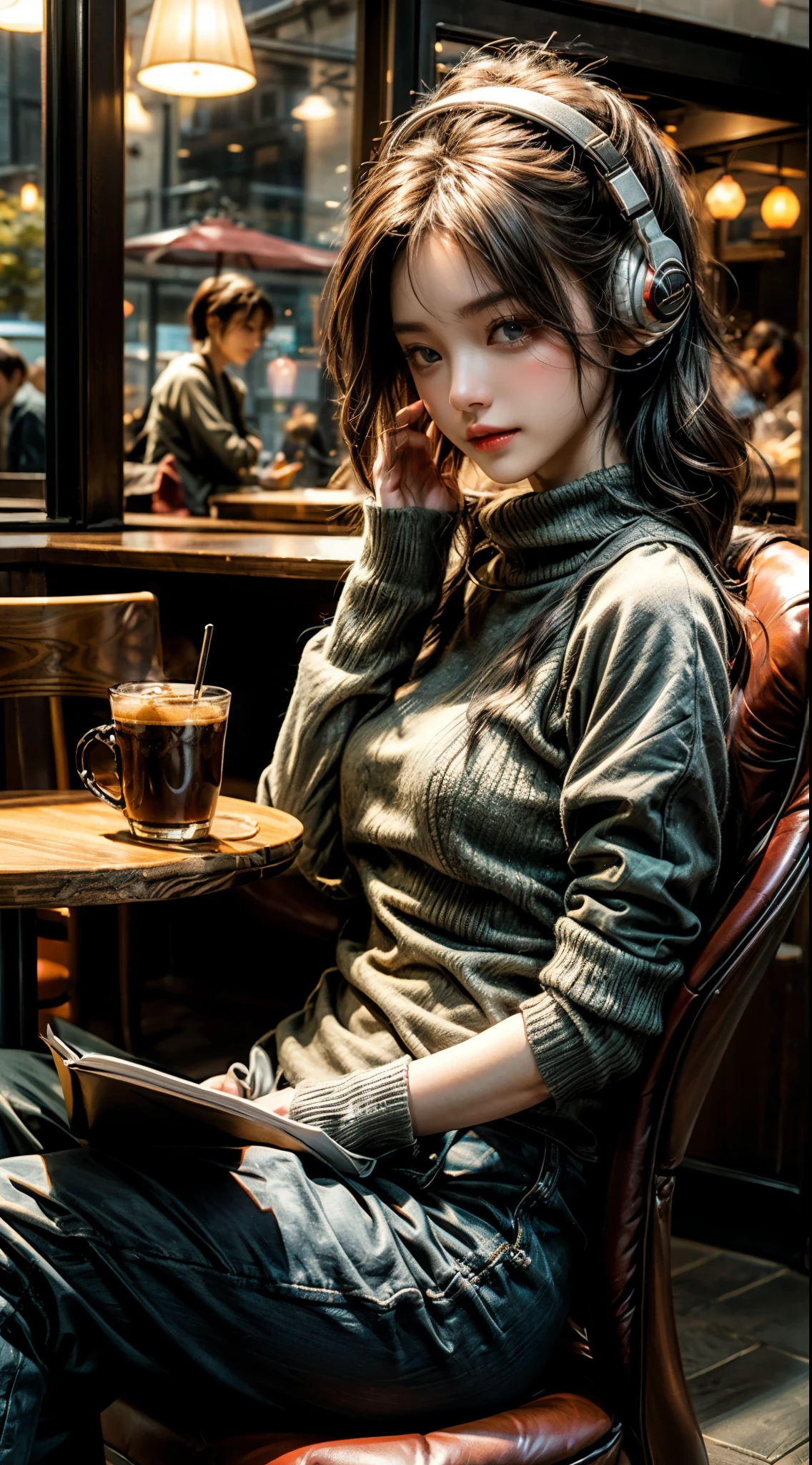 Cafeでヘッドフォンを着けているアラフェデの女性, expression of joy,fleeting woman, with headphones, Kantai Collection Style, soft lighting, with headphones, sportswear, Colorful sweatshirts,anime moe art style,reading,((they are very focused:1.5)),,slim body shape,highly detailed eyes and face、beautiful and fine eyes,beautiful skin,small details、smooth hair,fine hair,very thin hair,cool makeup,low eyebrows、Whitening effect,Thin eyebrows and thin eyebrow-like skin,(Cafe),((Cafeでreadingしている)),sitting on a chair,relax,relaxation,sofa,Book,reading